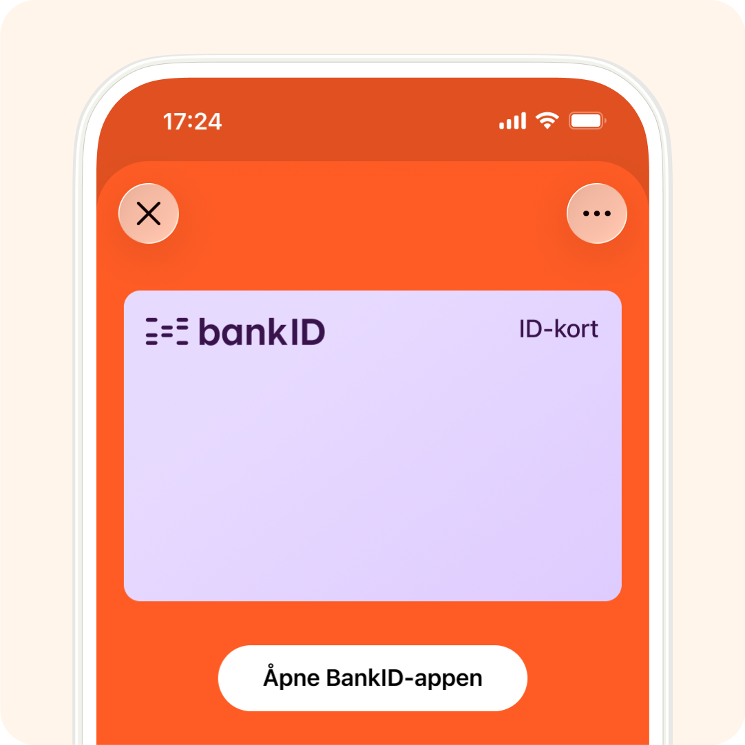 Mobile screen showing the BankID app displaying 'ID-kort' and an 'Open BankID app' button.