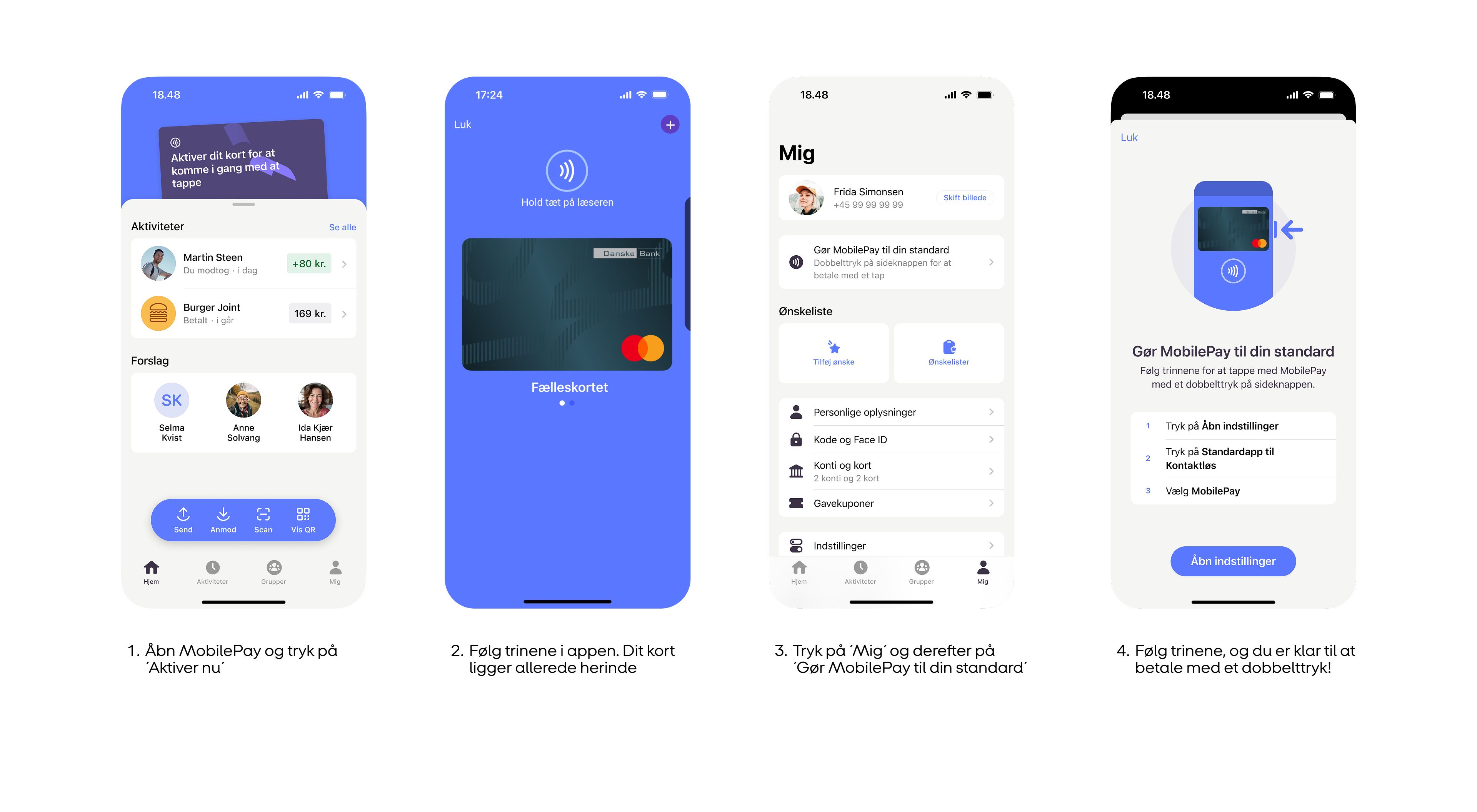 A four-step mobile app tutorial for setting up MobilePay, showing card activation, default payment configuration, and payment readiness.