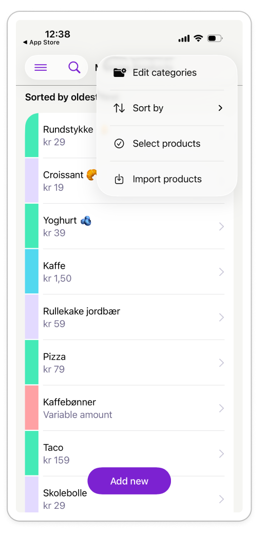 A mobile app displays a list of food products with prices and an open menu overlaying the list, offering options like "Edit categories" and "Sort by".
