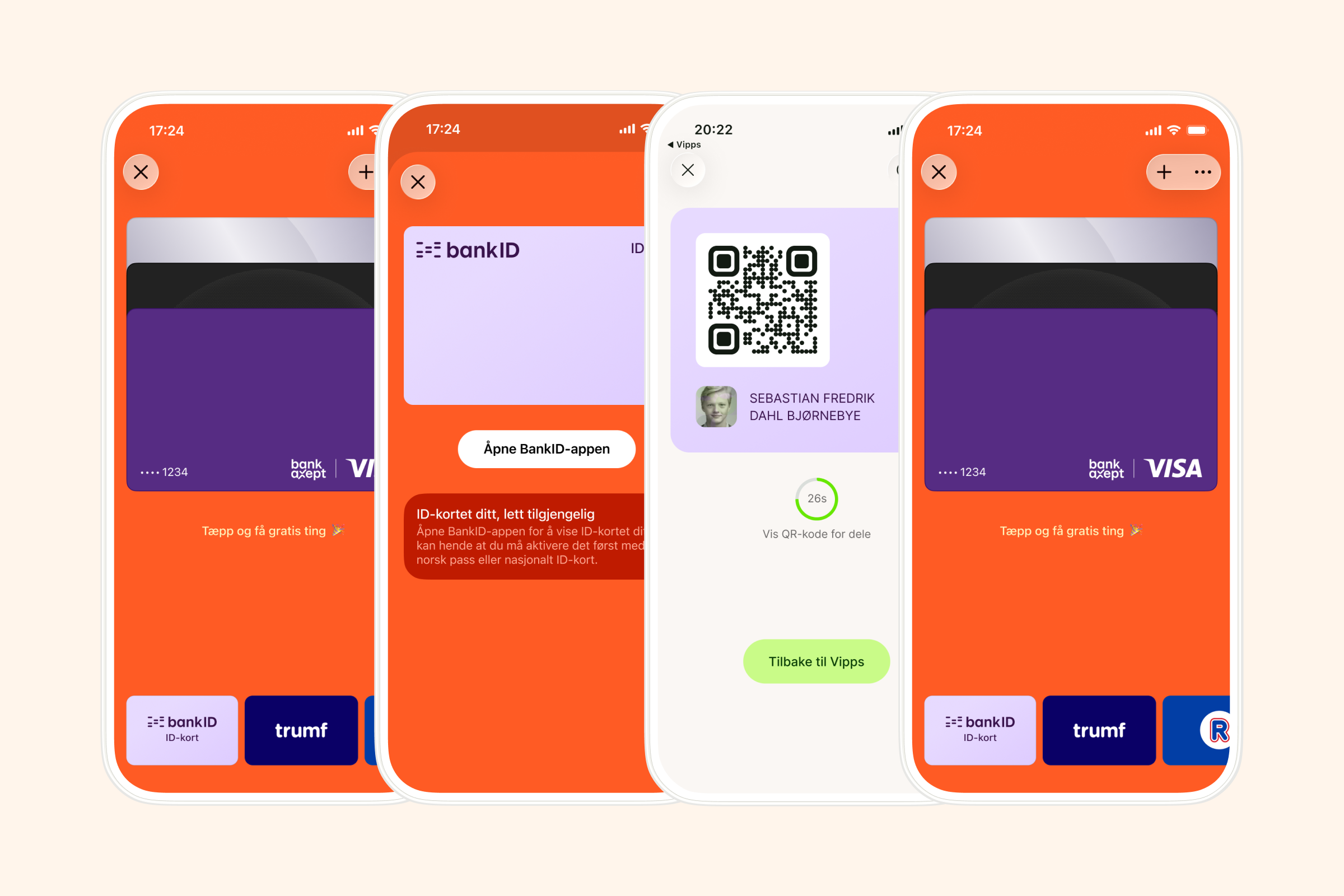 Four smartphone screens display a mobile wallet app with credit cards, BankID, a QR code for identification, and loyalty cards.