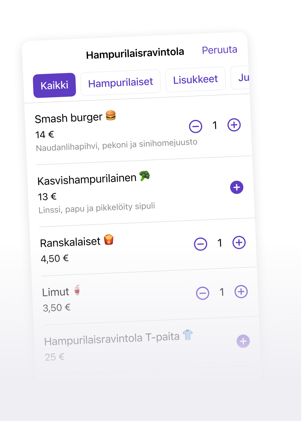 puhelimen näyttö esittää valikon hampurilaisravintolalle