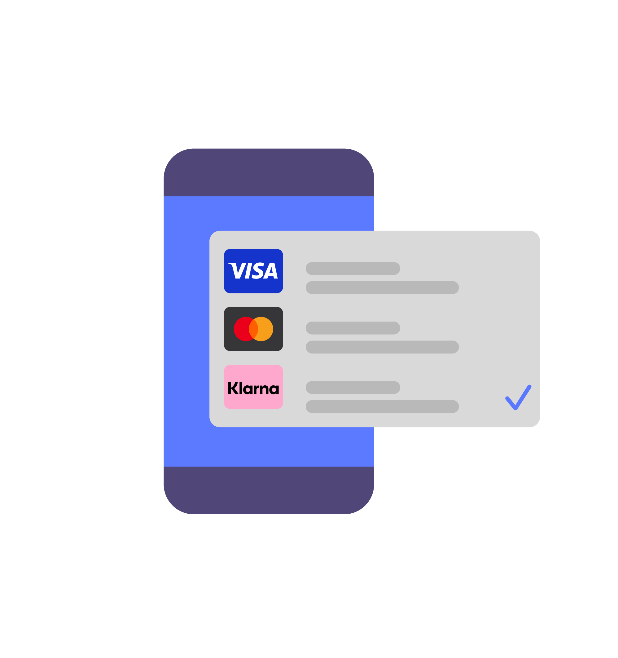 Mobile phone displaying payment options including Visa, Mastercard, and Klarna.