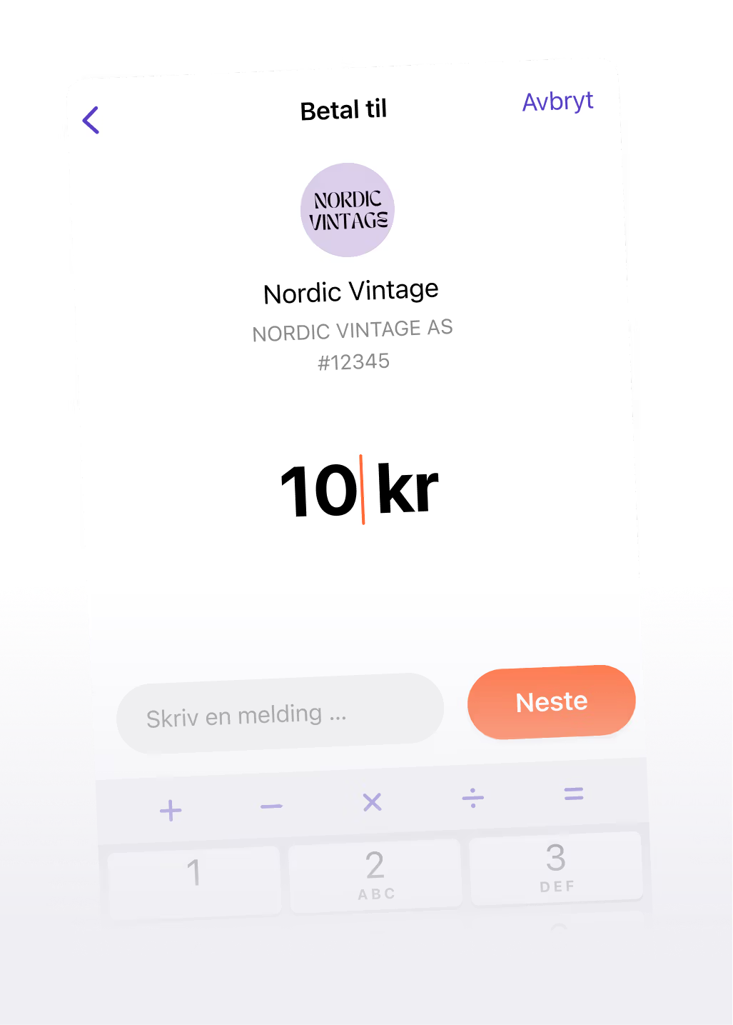 Mobile app screen showing a payment of 10 kr to Nordic Vintage, with a message field and a calculator keypad.