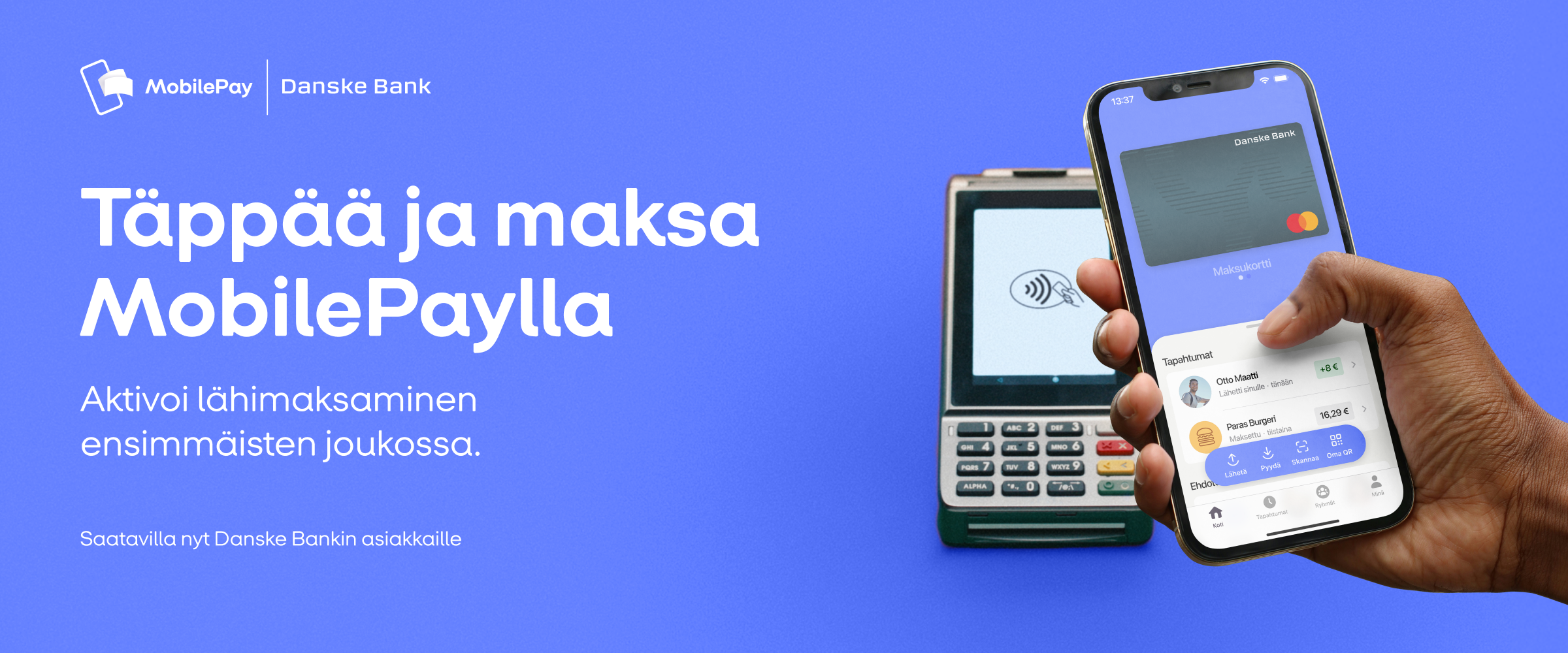 A smartphone with the MobilePay app is held near a payment terminal for contactless payment, featuring MobilePay and Danske Bank branding