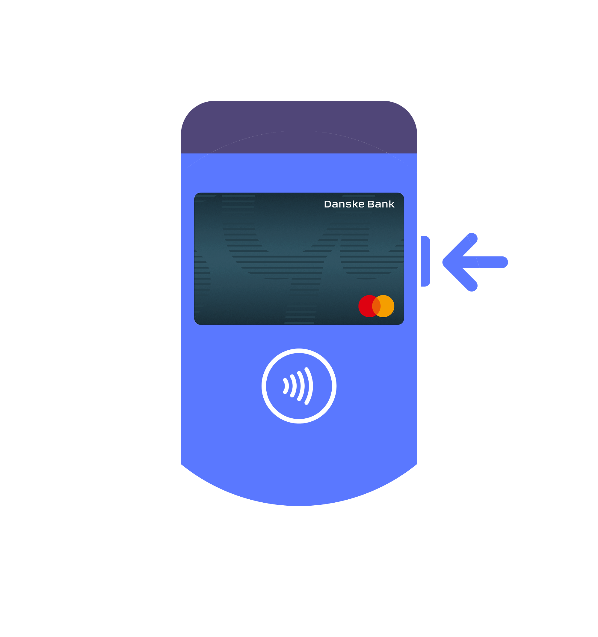 Credit card being inserted into a payment terminal with a contactless payment symbol.