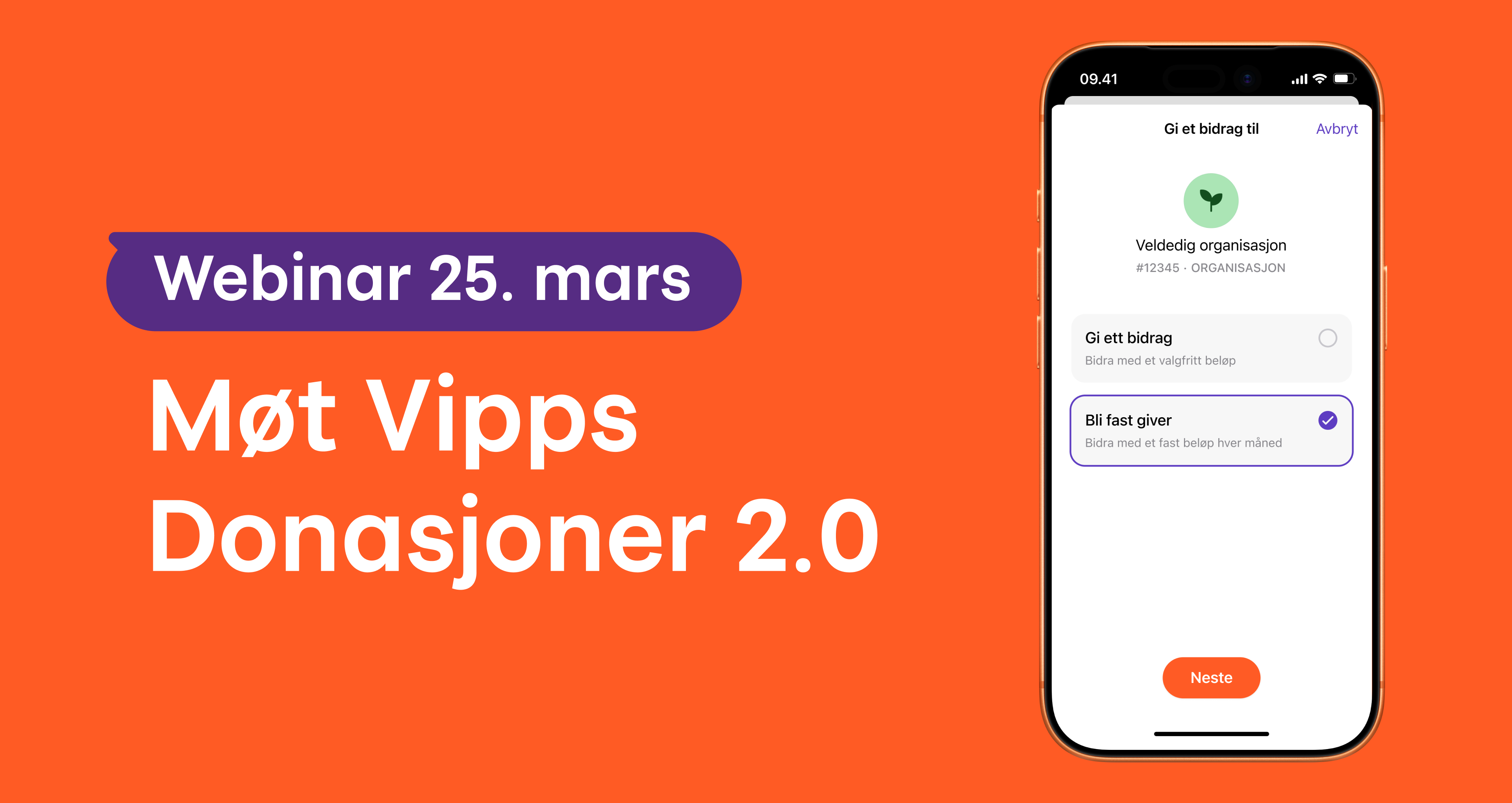 Webinar announcement for Vipps Donations 2.0, showing a phone displaying the donation app interface.