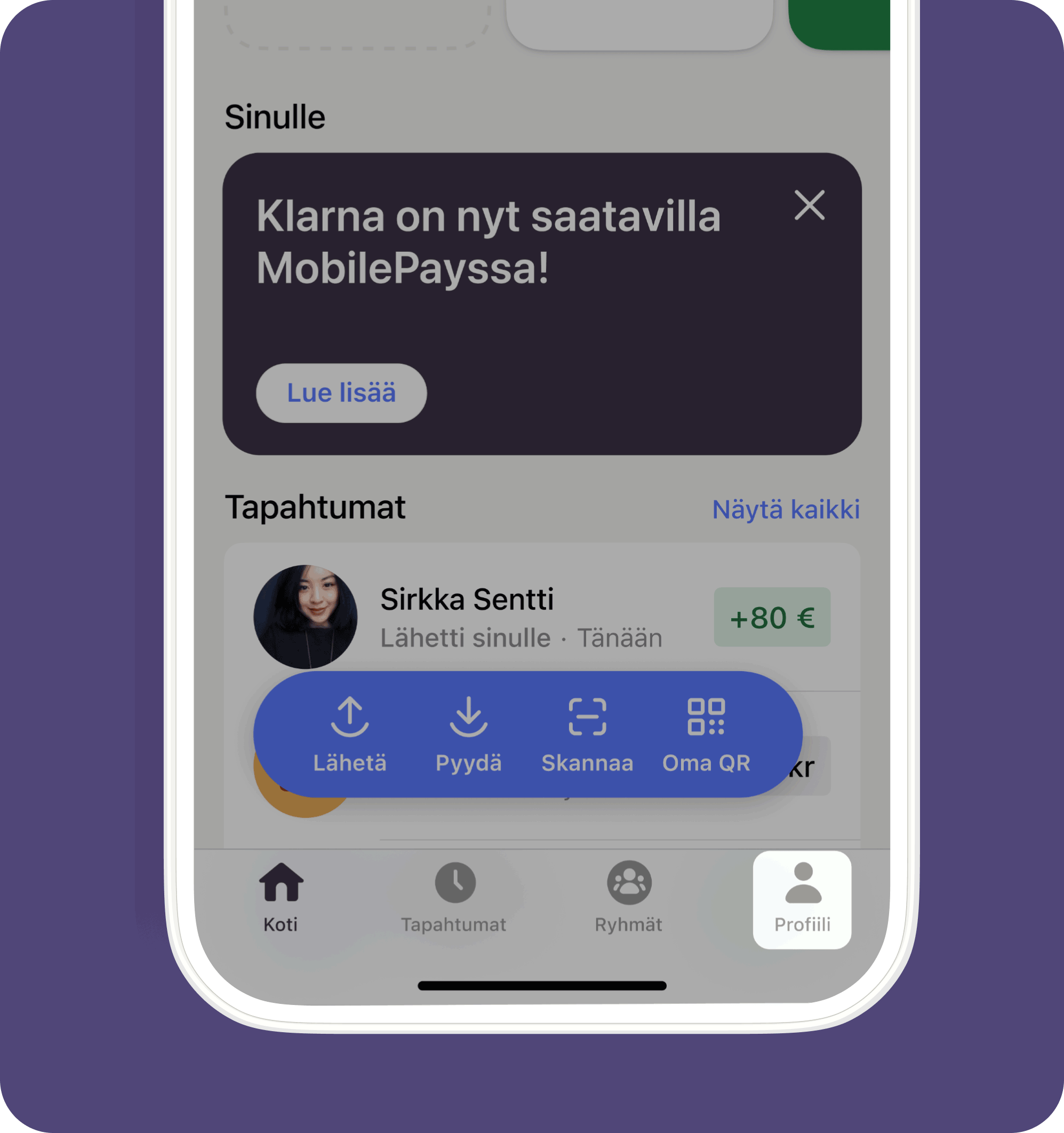 MobilePay app interface displaying a Klarna announcement banner, a transaction for +80€, and payment options like send, request, scan, and QR.