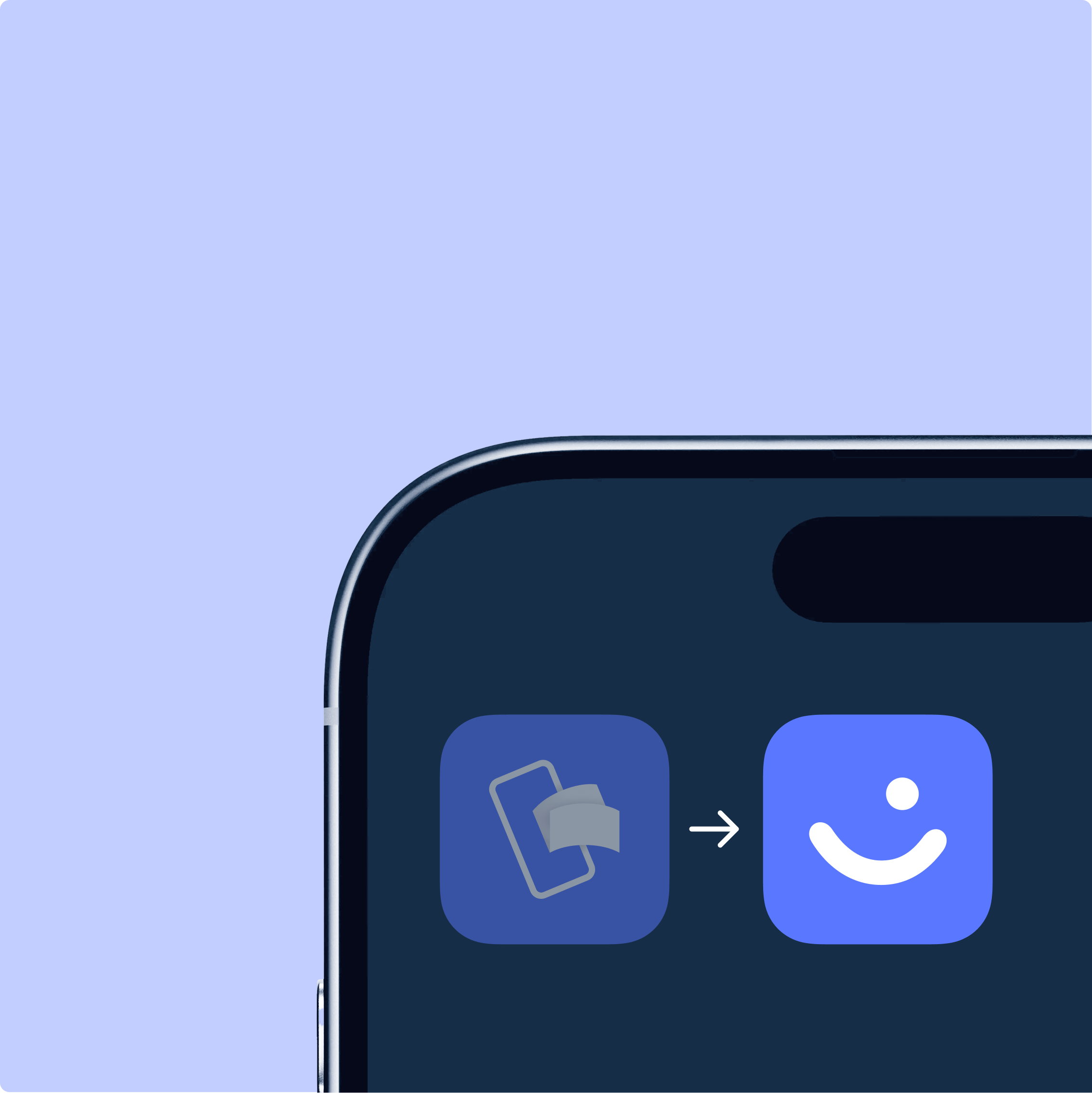 A smartphone screen displays an app icon of a phone with items flying out, connected by an arrow to a smiley face app icon.