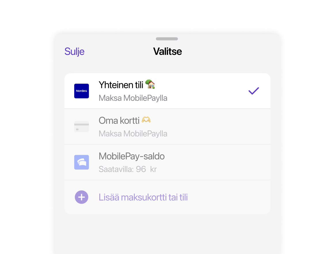 A mobile app screen in Finnish, displaying payment method options with "Yhteinen tili" (Joint account) from Nordea selected.