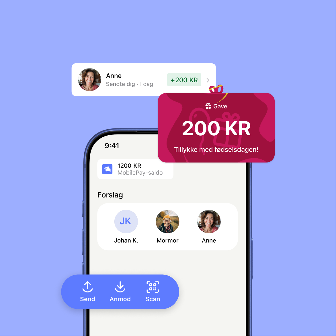 A smartphone displaying a mobile payment app, with pop-up notifications showing a 200 KR birthday gift received from Anne.