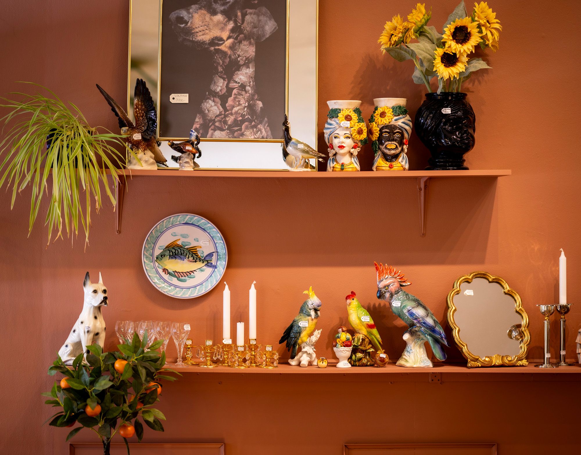 Two shelves on a terracotta wall displaying eclectic decorative items, including figurines of animals and busts, vases of sunflowers, a fish plate, and a gold mirror.