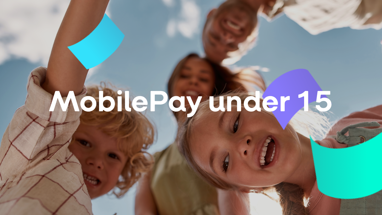 Group of smiling children looking down at the camera, with "MobilePay under 15" text and colorful abstract shapes.