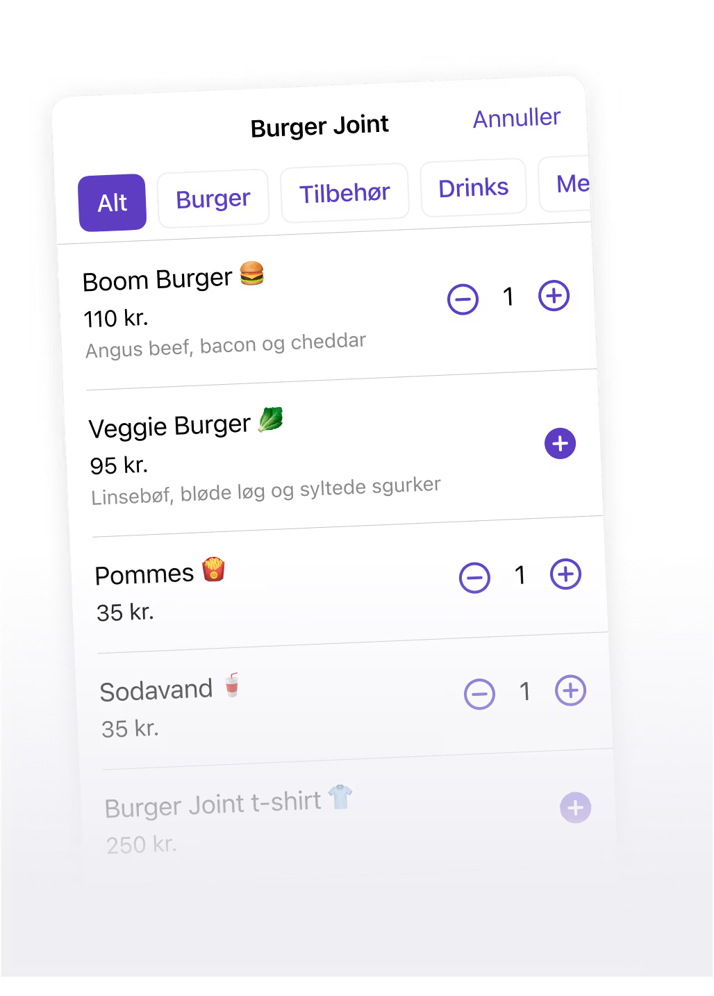Screenshot of a mobile app menu for a "Burger Joint" showing food items like burgers, fries, and drinks with prices and quantity selectors.