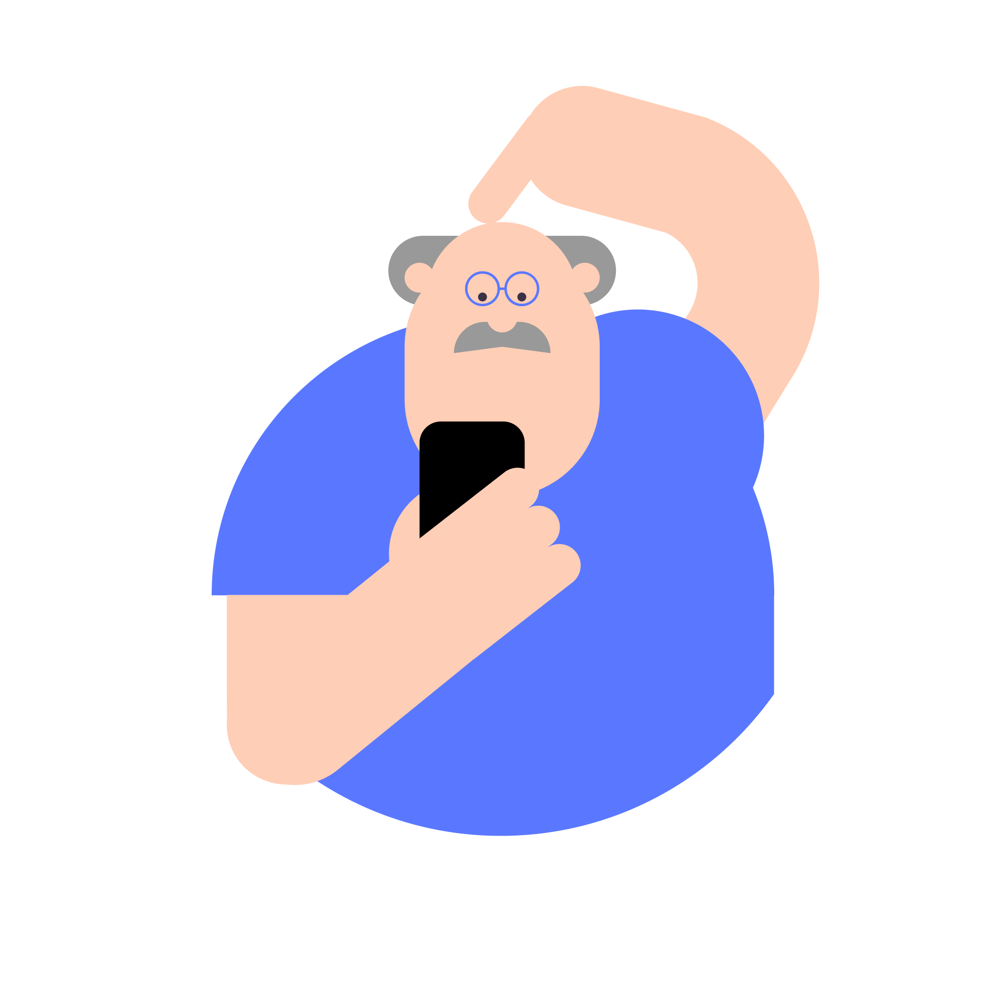Cartoon of an older man with glasses and a mustache holding a smartphone, hand on head in confusion.