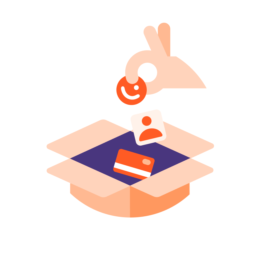 Hand dropping digital icons (smiley, profile, credit card) into an open box.