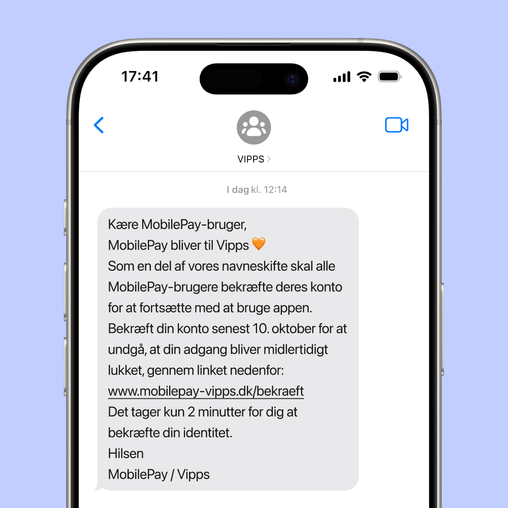 A smartphone displaying a Danish text message about MobilePay becoming Vipps and asking for account confirmation via a link.