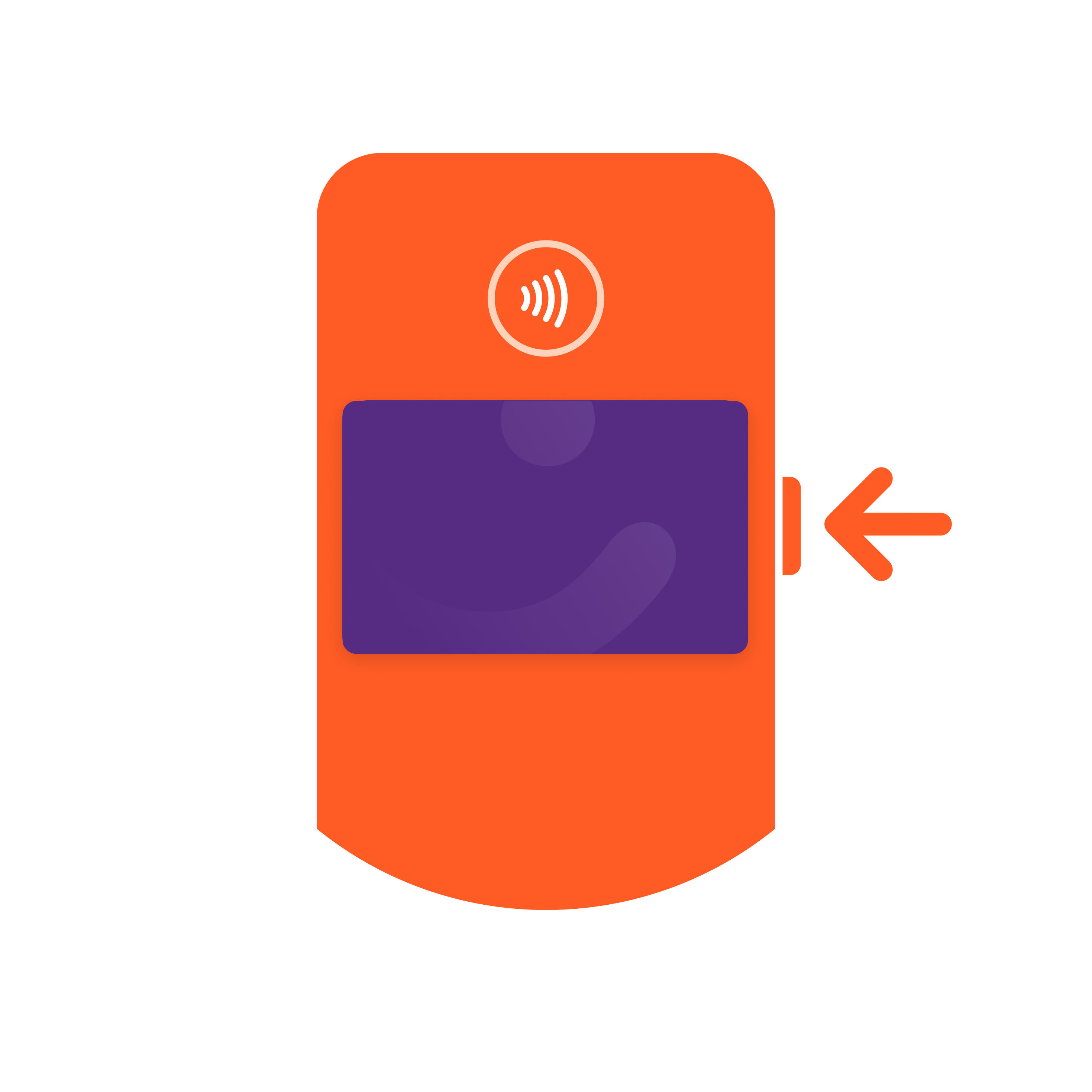 Illustration of a purple card being inserted into an orange device with a contactless payment symbol.