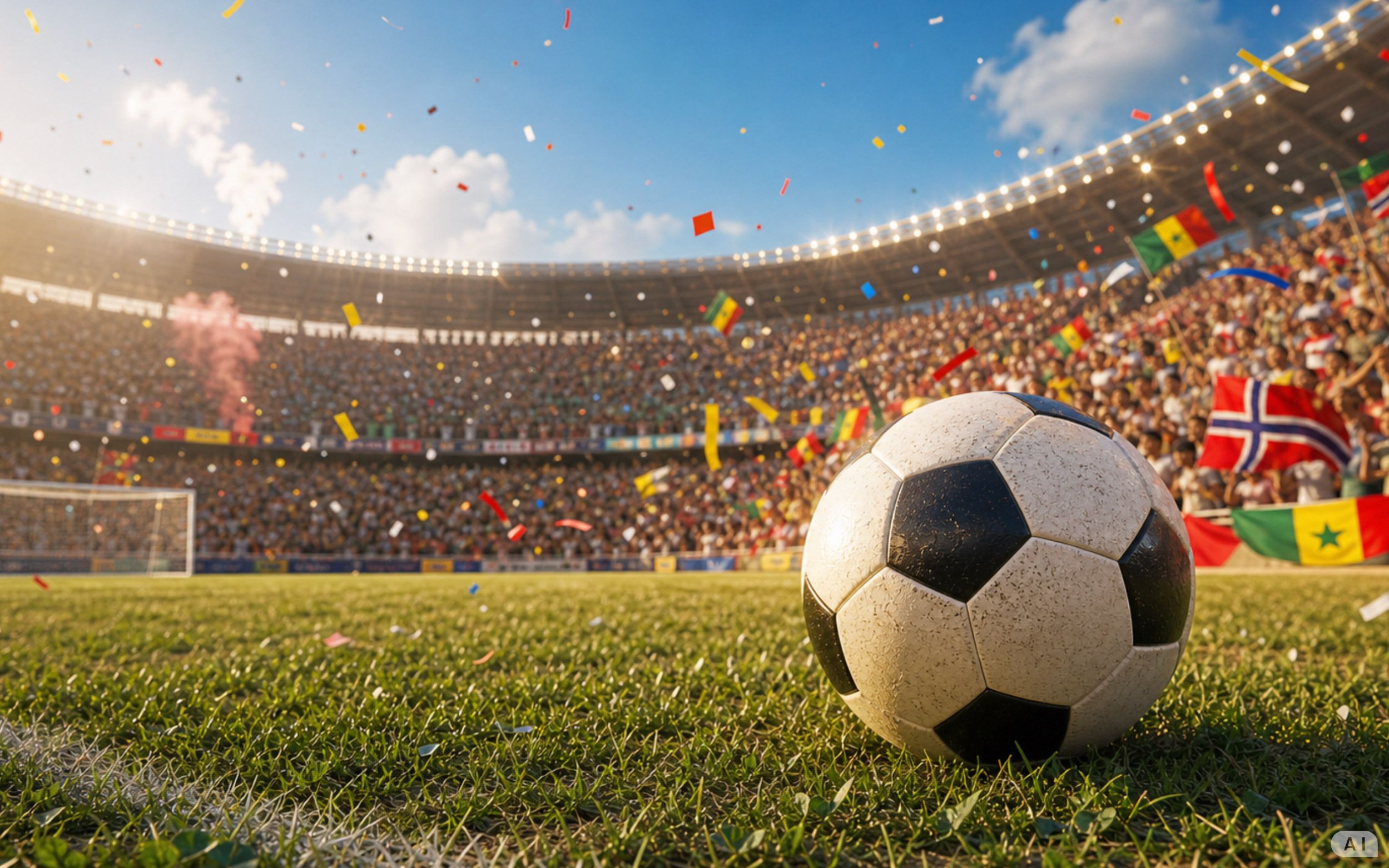A soccer ball on a green stadium field with a cheering crowd, national flags, and confetti falling.