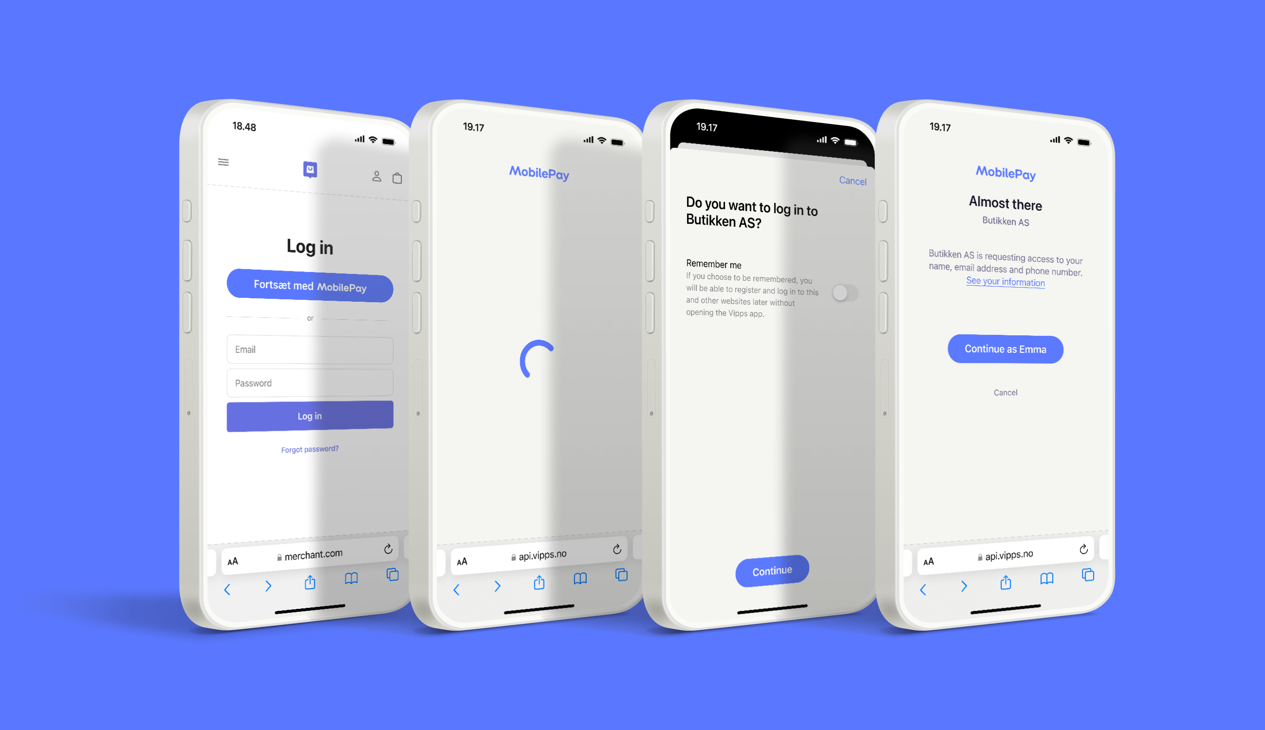 four cell phones are displaying a mobilepay app