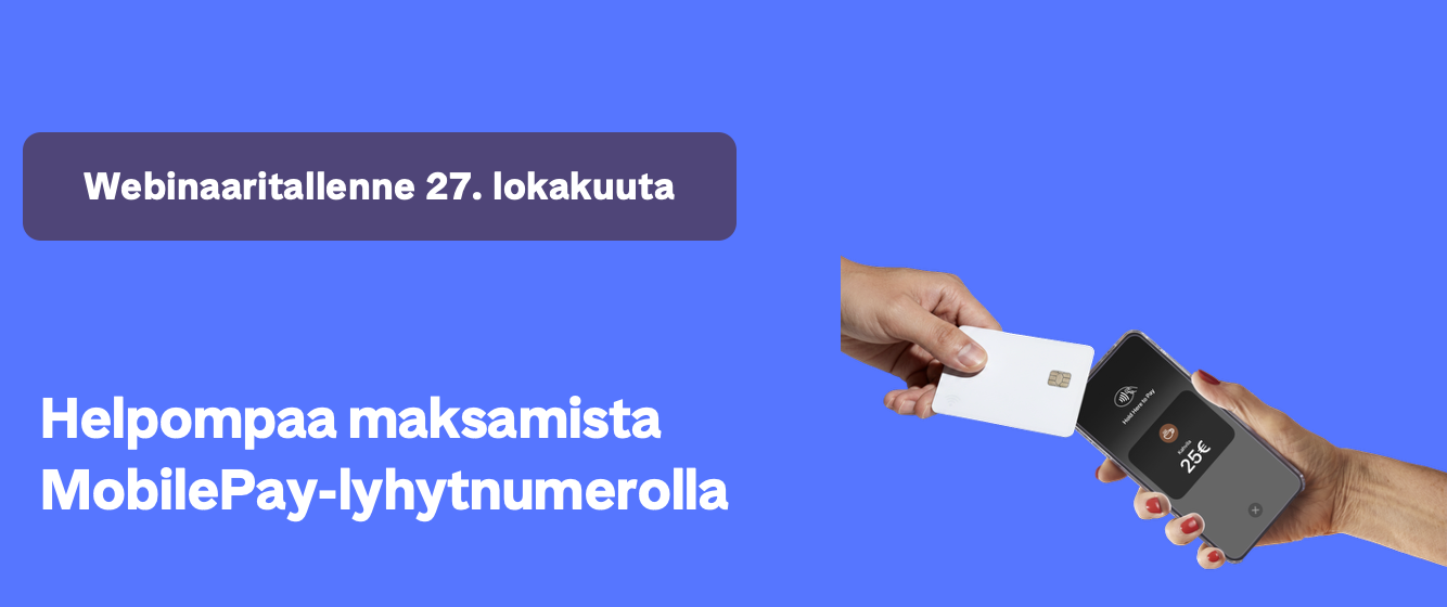 Text on a blue background promotes a webinar recording from October 27th, stating "Easier payment with MobilePay short number," alongside an image of hands performing a contactless payment with a card and smartphone.