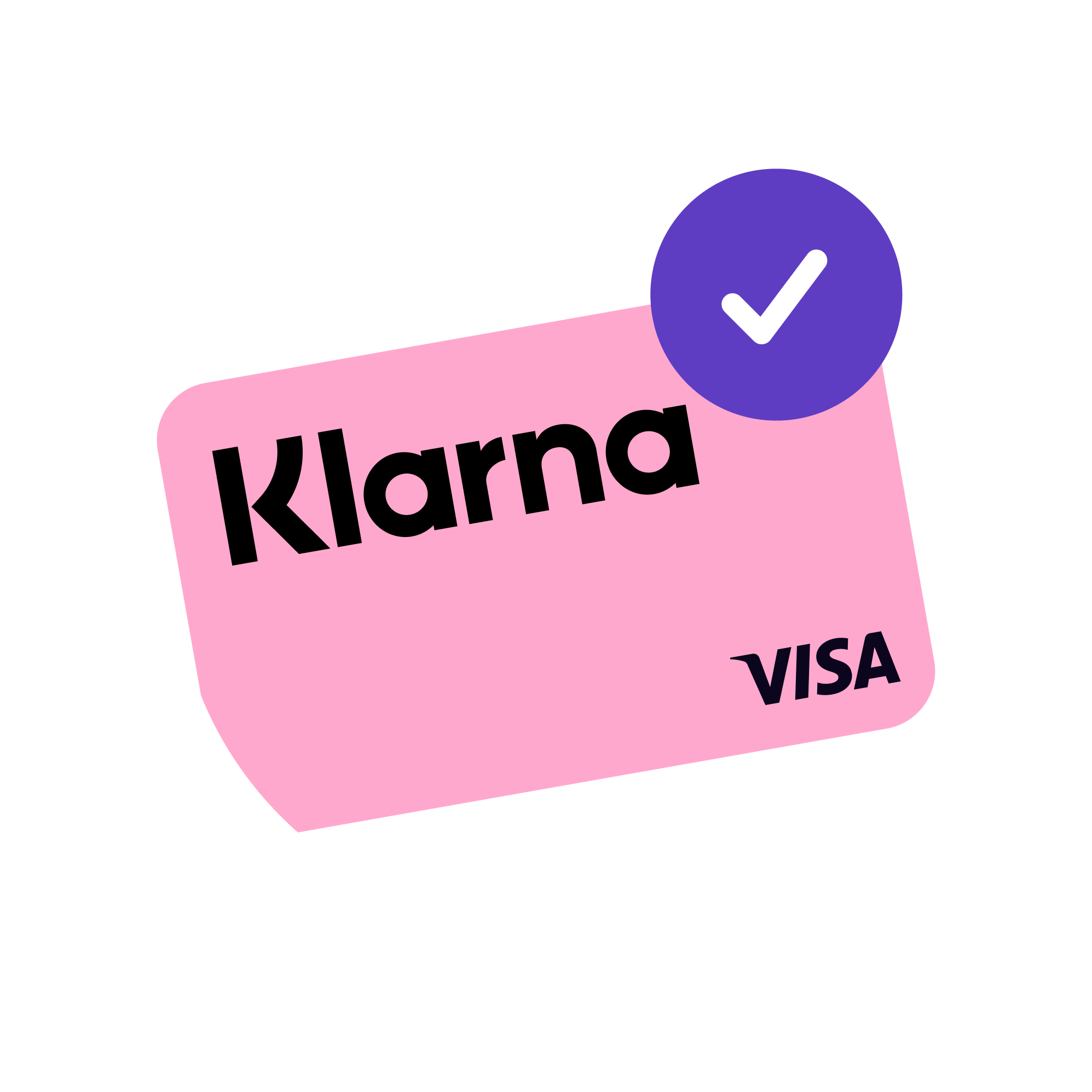 Pink Klarna Visa card with a checkmark.