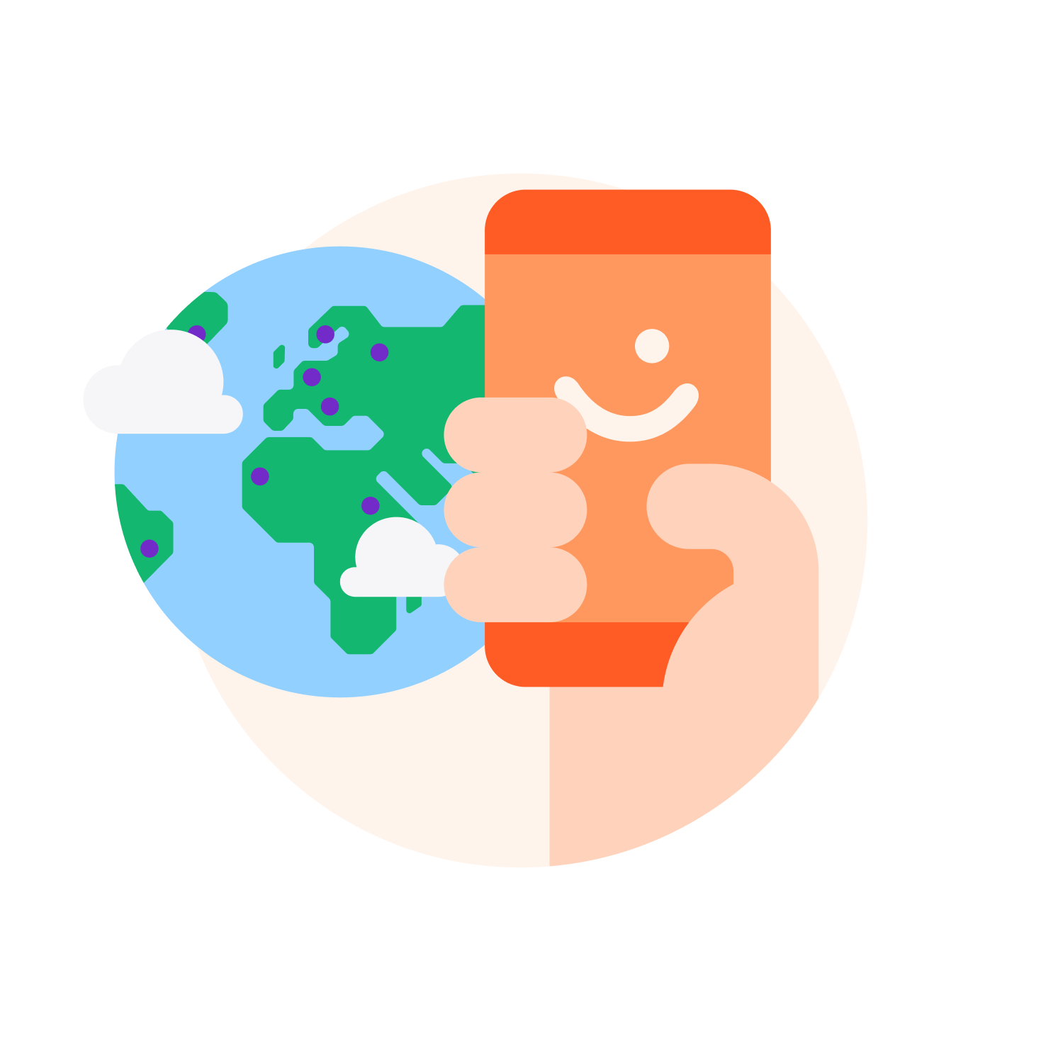 Hand holding a smiling smartphone next to a globe with location pins.
