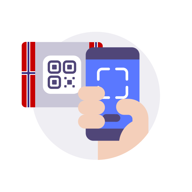 A hand scanning a QR code on a card with a Norwegian flag design using a smartphone.