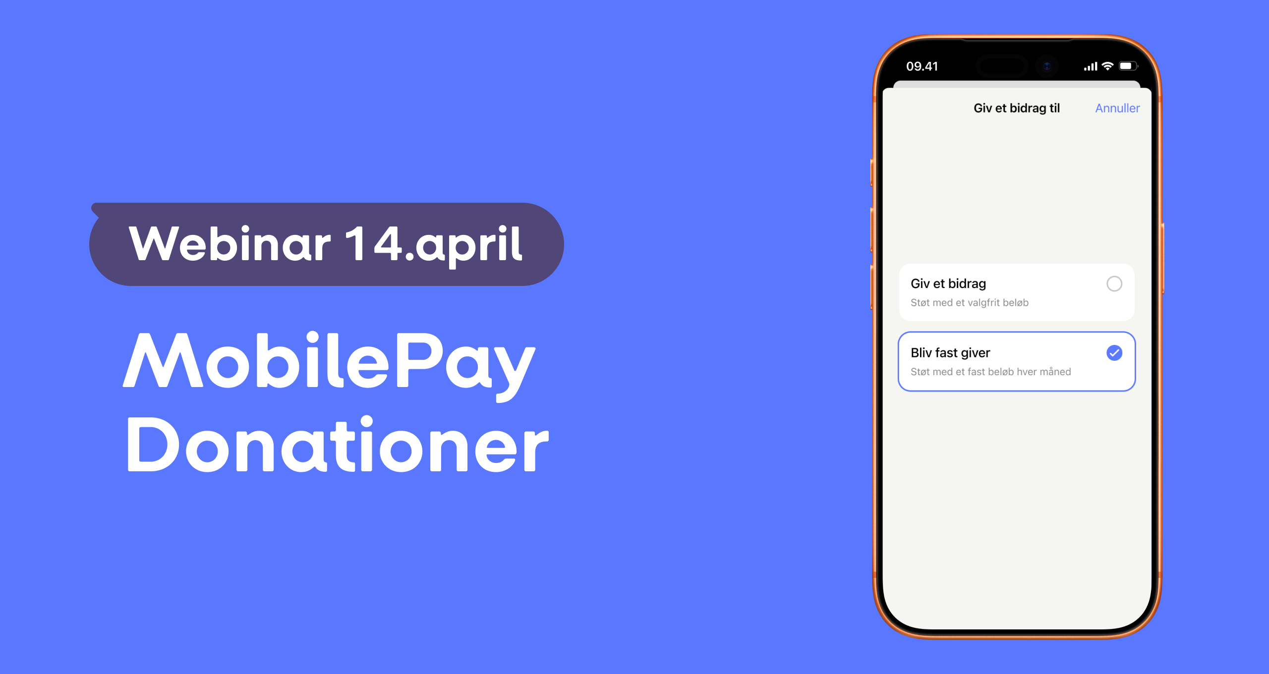 Webinar 14.april: MobilePay Donationer, with a phone showing donation options.