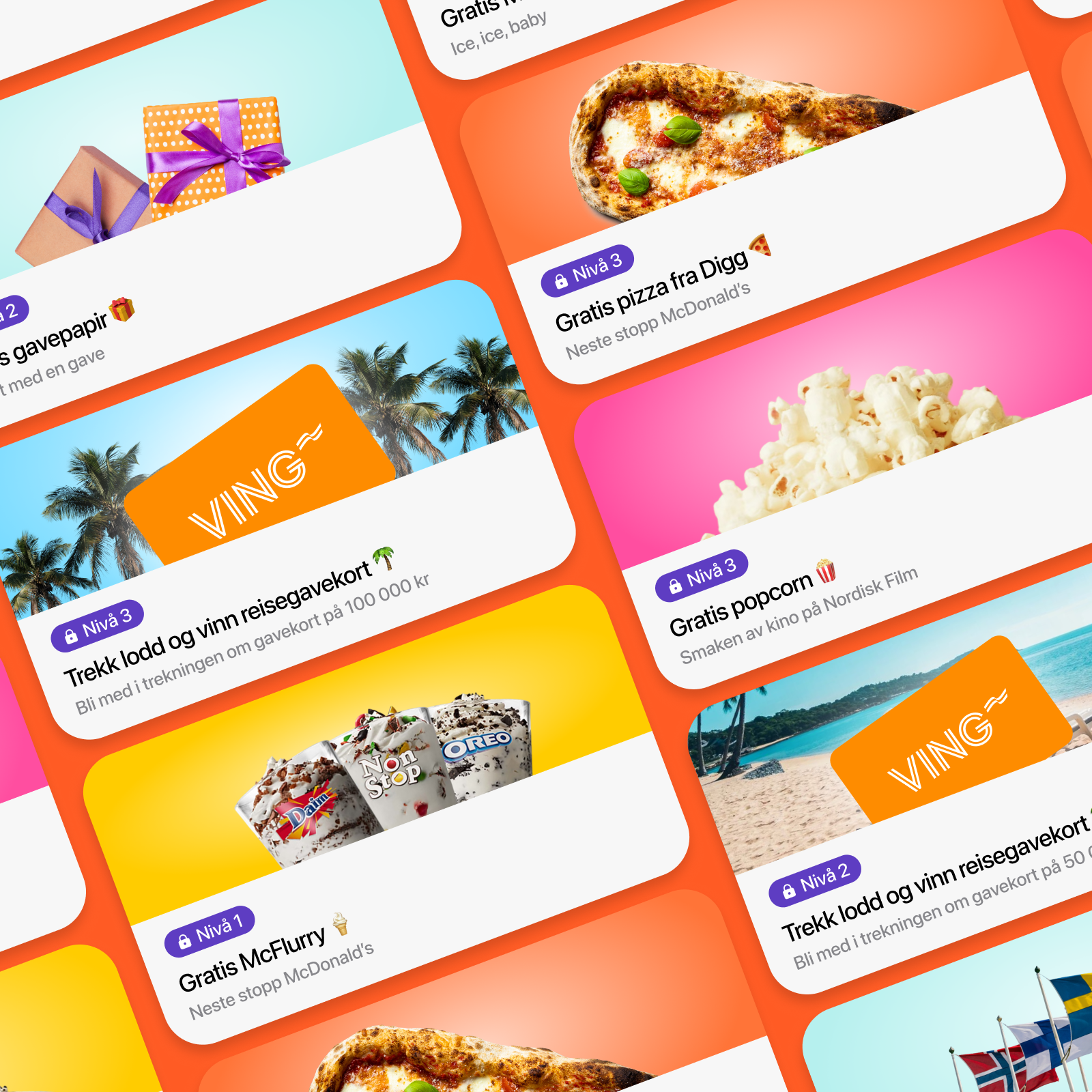 Multiple app cards showcasing rewards like pizza, popcorn, ice cream, and travel offers on an orange background.