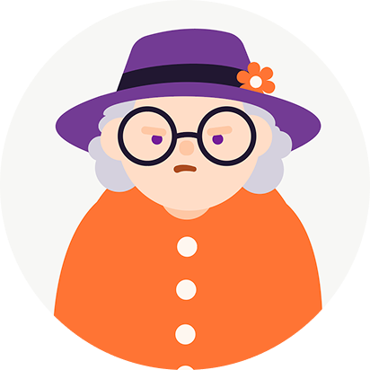 Grumpy cartoon old woman in a purple hat, round glasses, and orange top.
