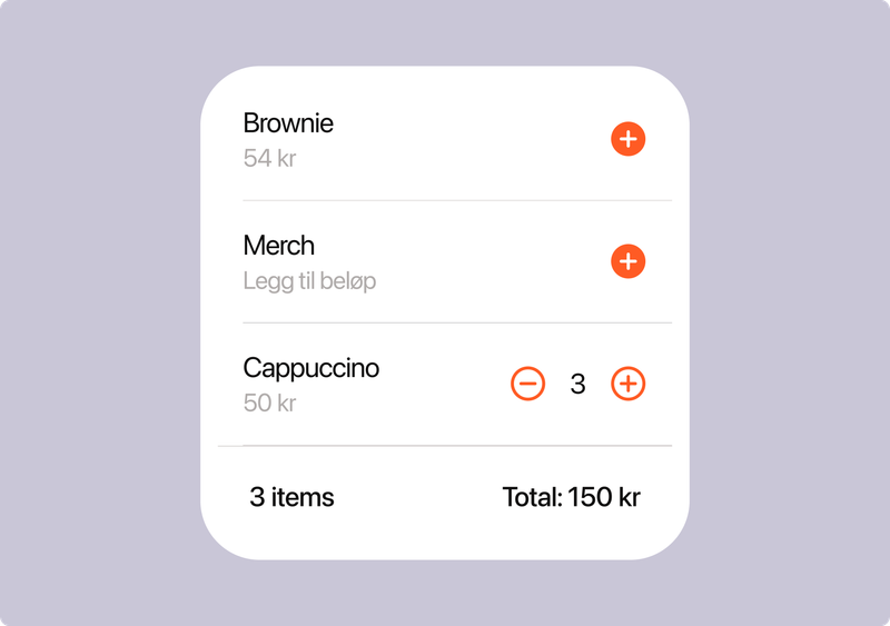Shopping cart with Brownie (54 kr), Merch, and 3 Cappuccinos (50 kr), total 150 kr.