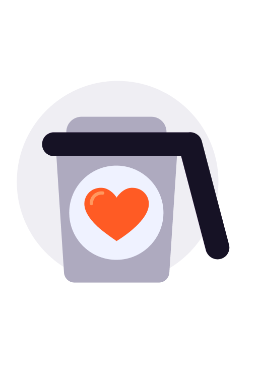 Gray coffee cup with an orange heart and a black handle.