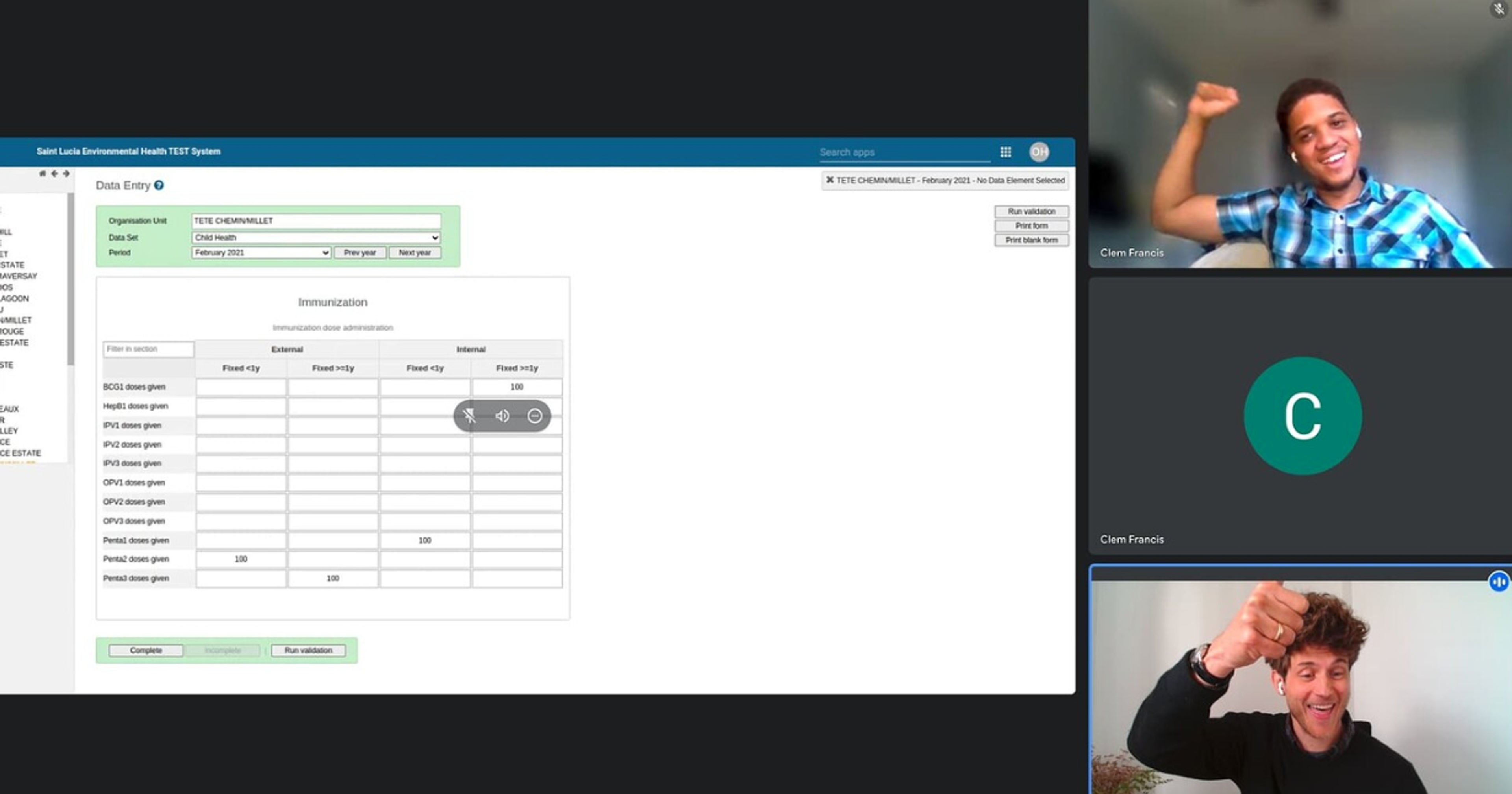Screenshot from online meeting with Taylor Downs (OpenFn) and Clem Francis (Developer, OS4H) celebrating the successful setup of an OpenFn workflow that automates calculating and reporting aggregated data values for key indicators to DHIS2.