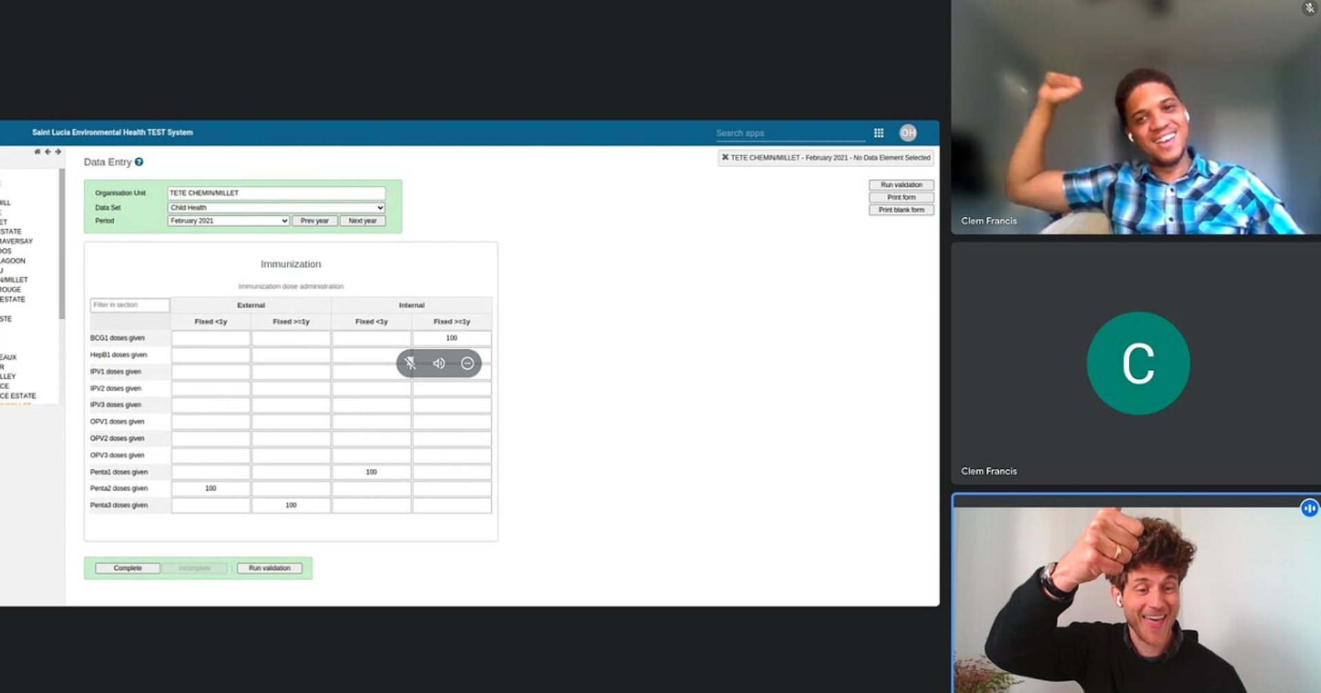 Screenshot from online meeting with Taylor Downs (OpenFn) and Clem Francis (Developer, OS4H) celebrating the successful setup of an OpenFn workflow that automates calculating and reporting aggregated data values for key indicators to DHIS2.