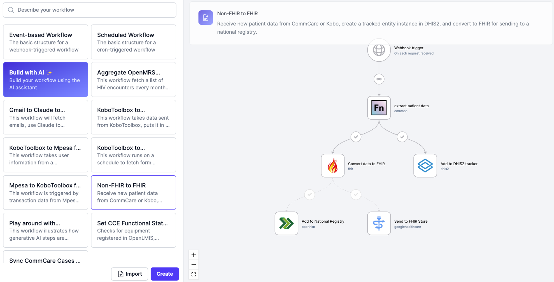Here is an example template involving CommCare or KoboToolbox, DHIS2 and FHIR.