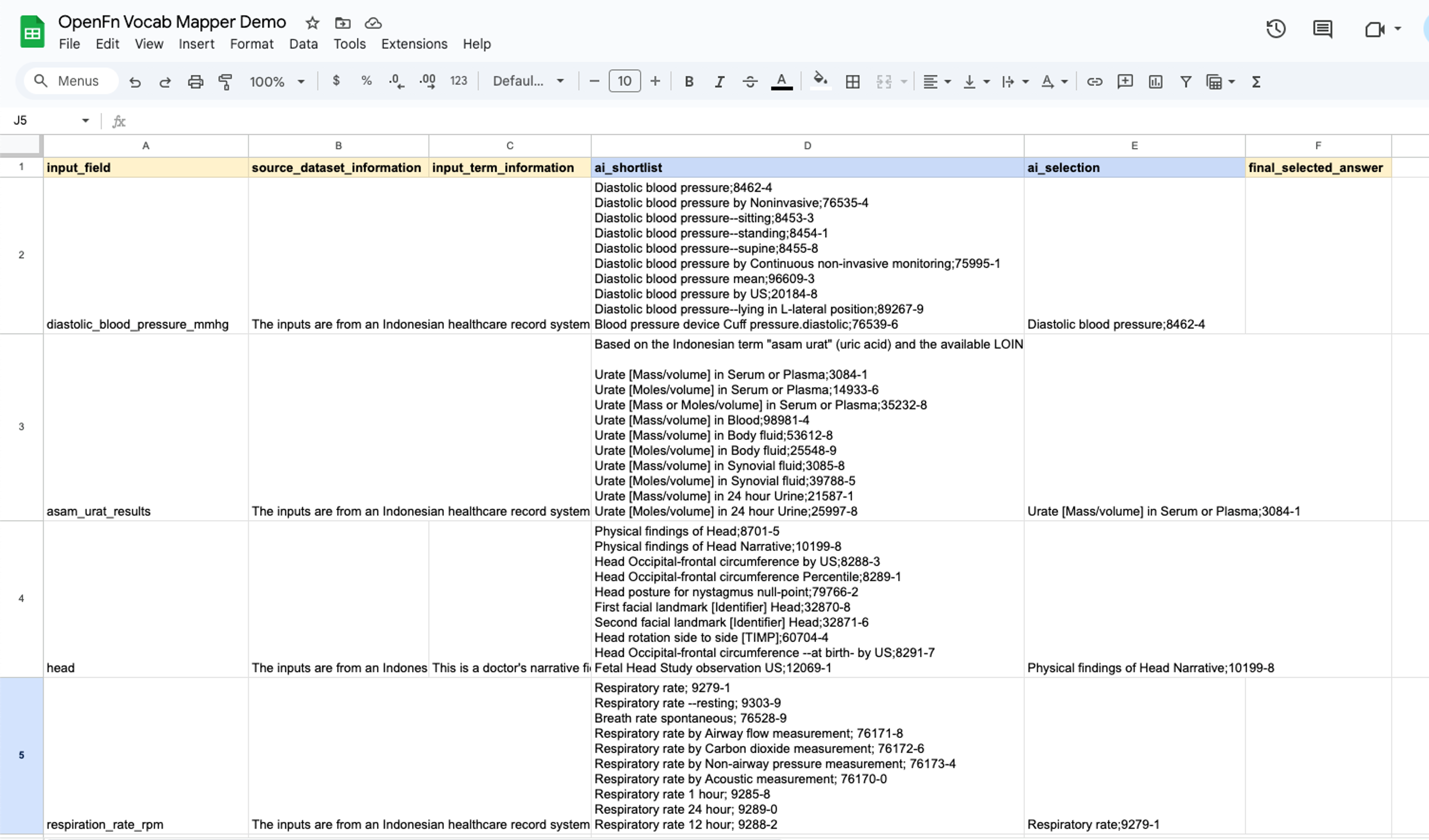a google spreadsheet is open to a page titled openfit vocalis mapper demo