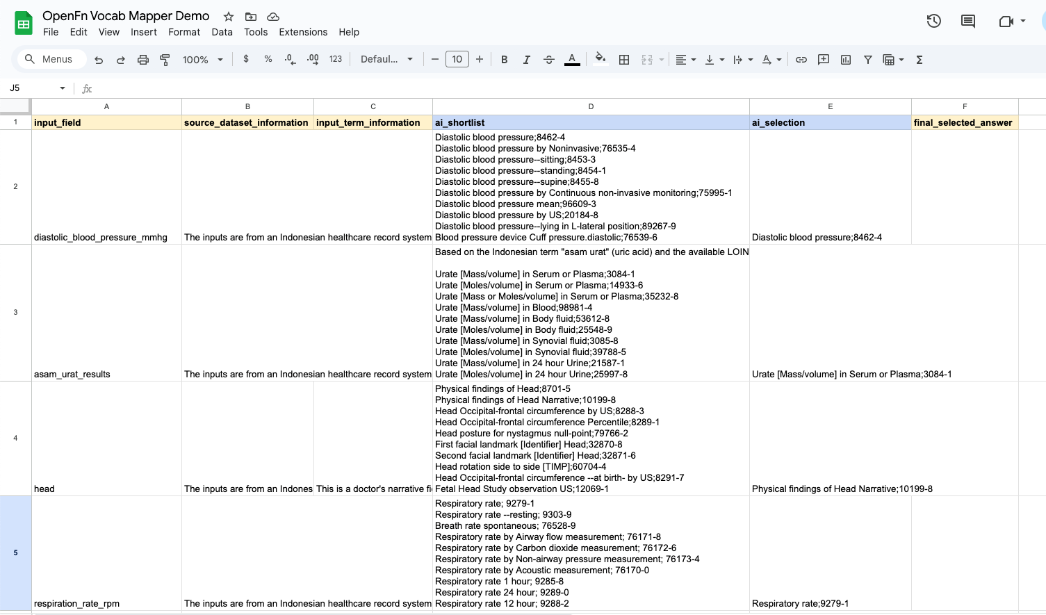 a google spreadsheet is open to a page titled openfit vocalis mapper demo
