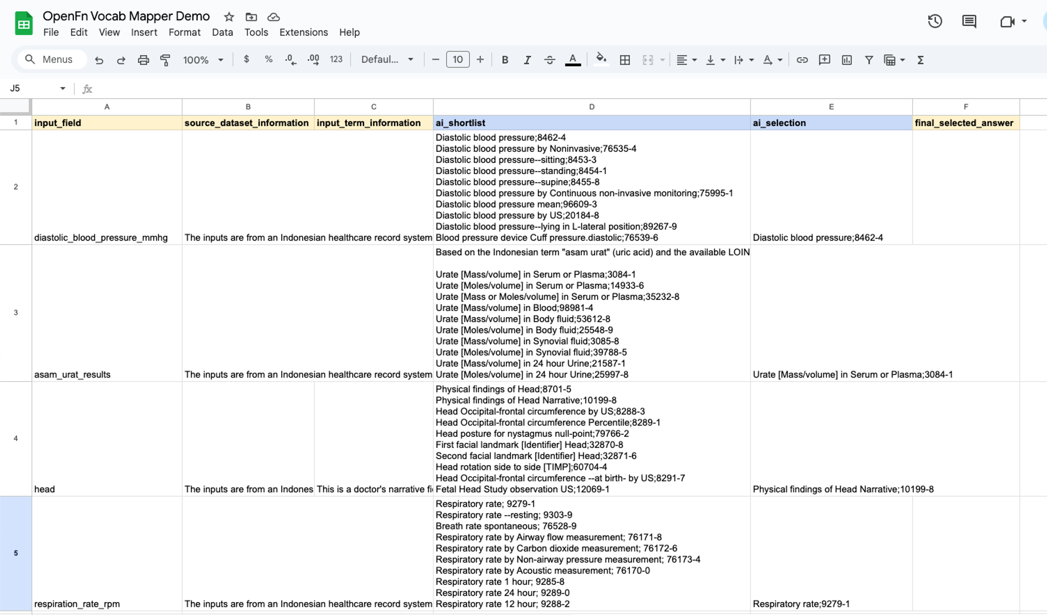a google spreadsheet is open to a page titled openfit vocalis mapper demo