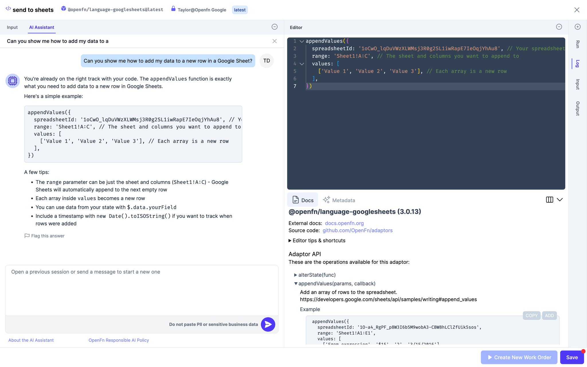 a screenshot of a program called send to sheetsAI Assistant RAG: Plugging in Product Documentation for Better Answers