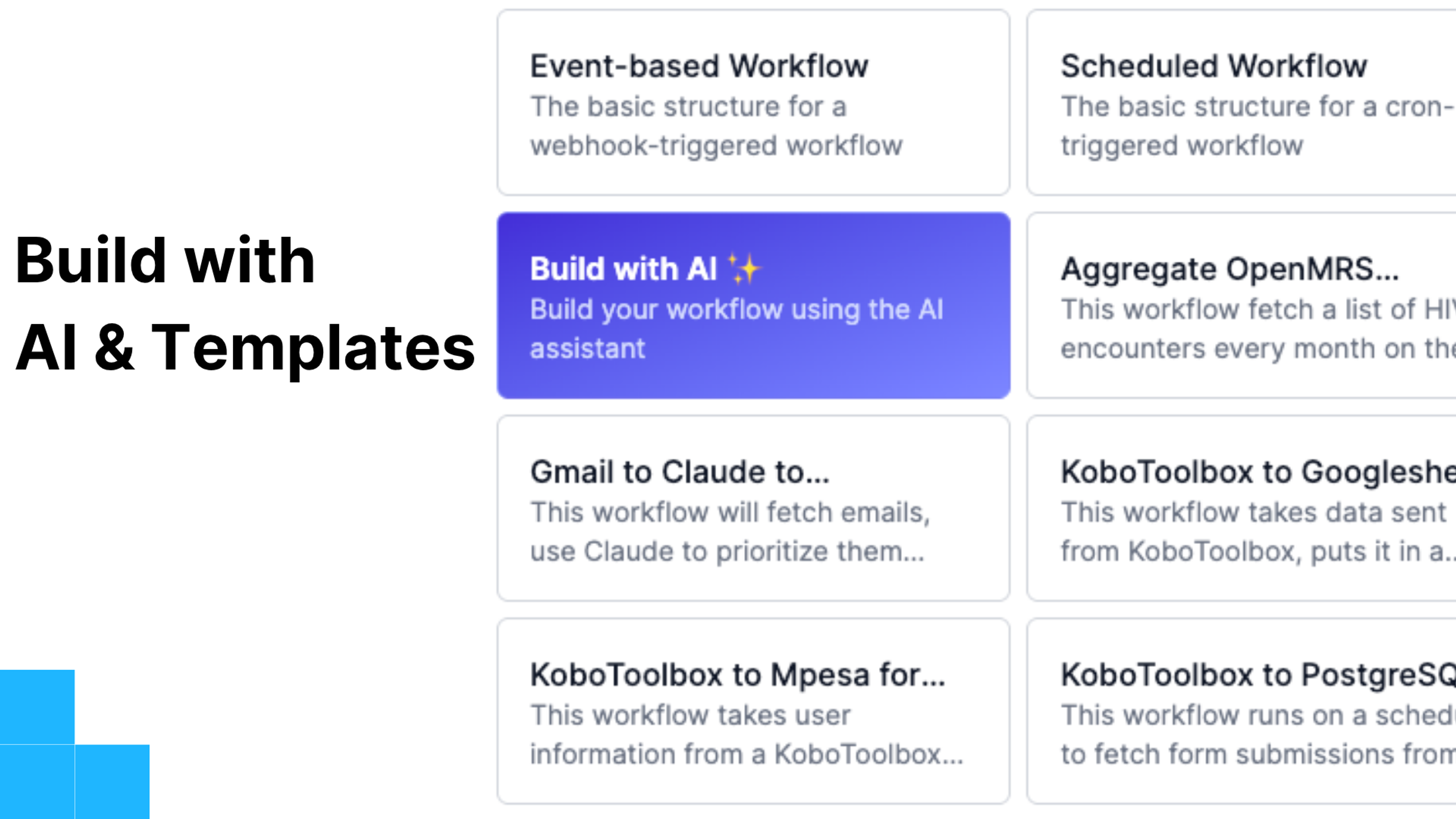 a page that says build with ai and templates