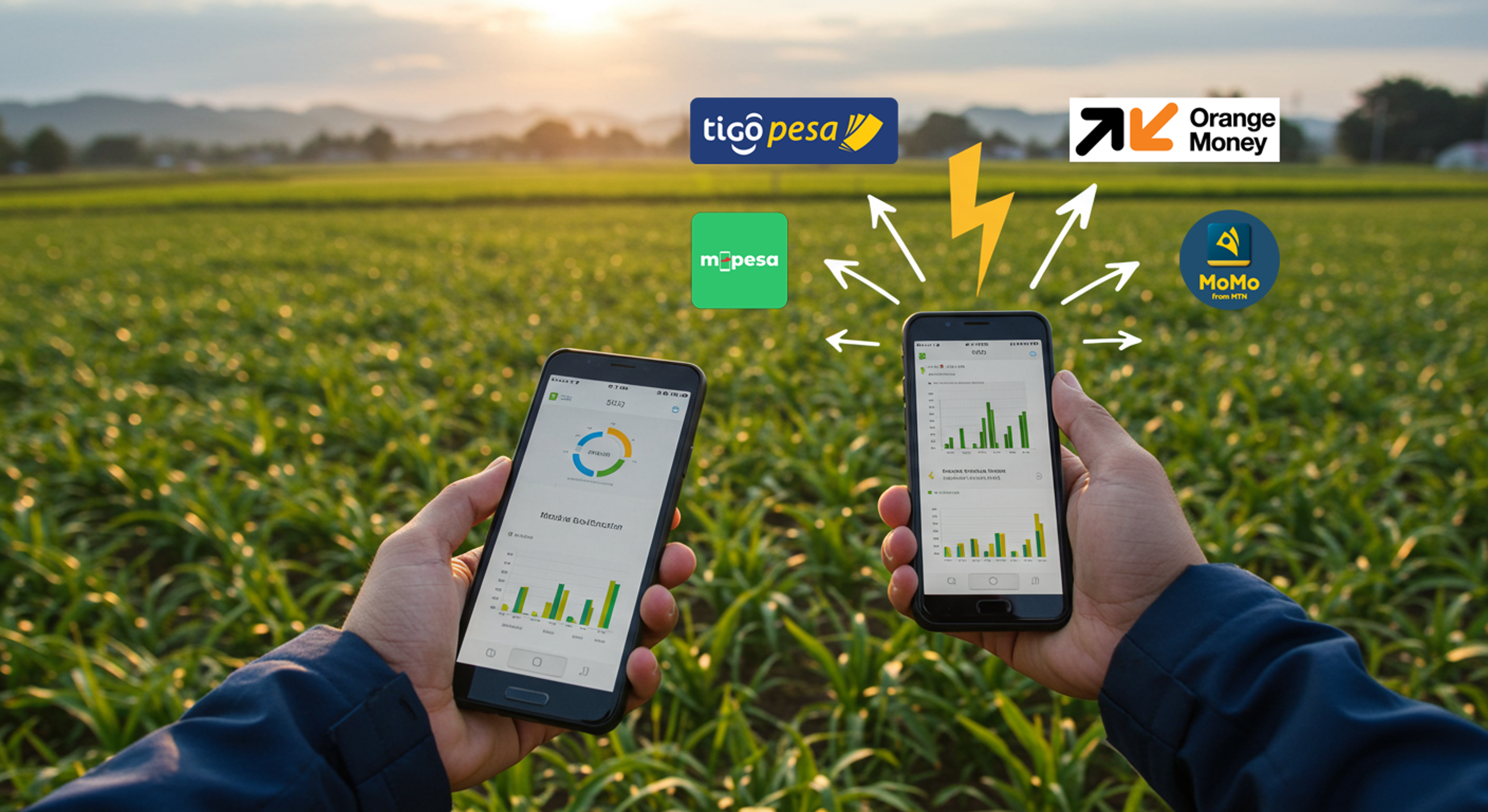 a person holding two phones in front of a field with logos for tico peso and orange money