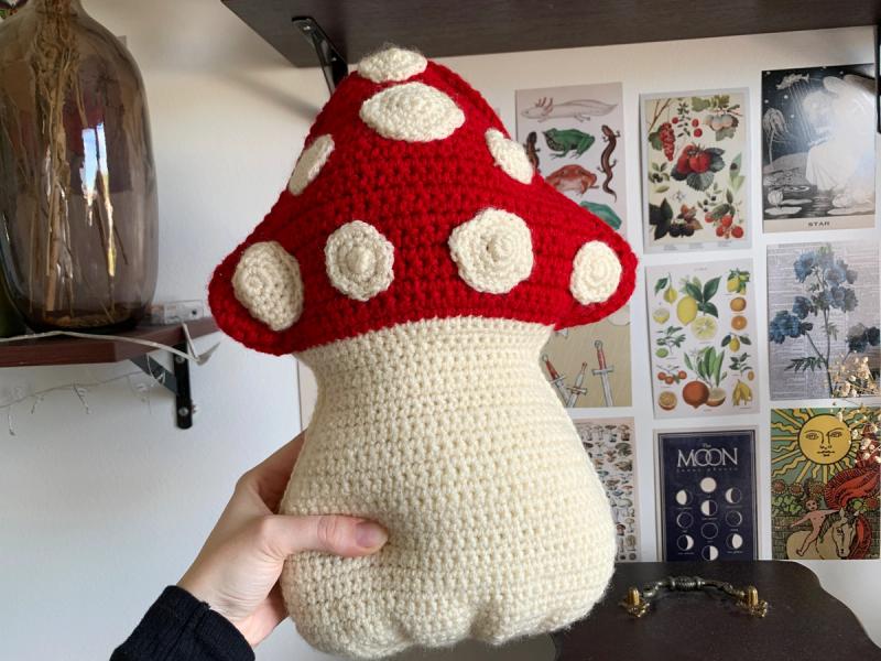 Completed red and cream mushroom cushion against floral nature prints on a wall.
