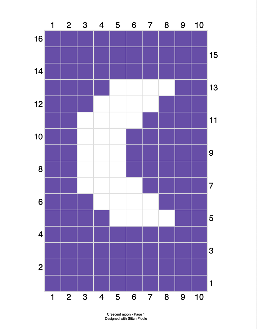 Cross-stitch chart for the crescent moon: a 10 by 16 square grid, moon in white on purple