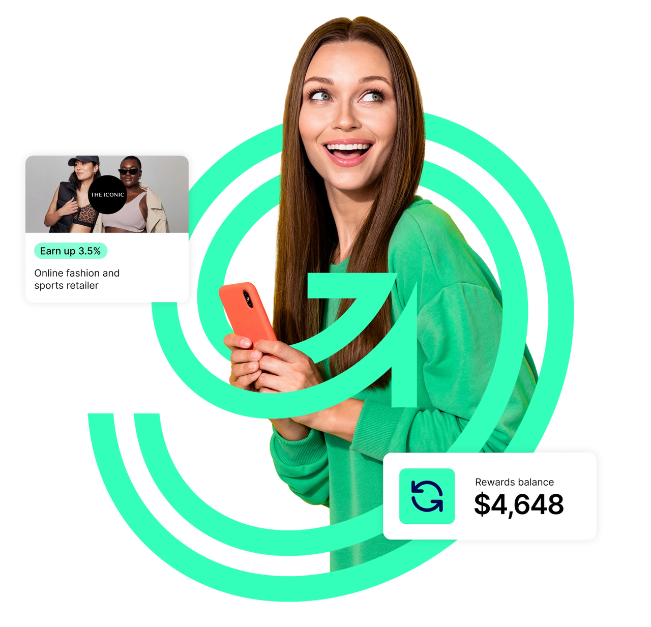 Smiling woman using the Grow My Money app on her phone encircled by the Grow My Money logo