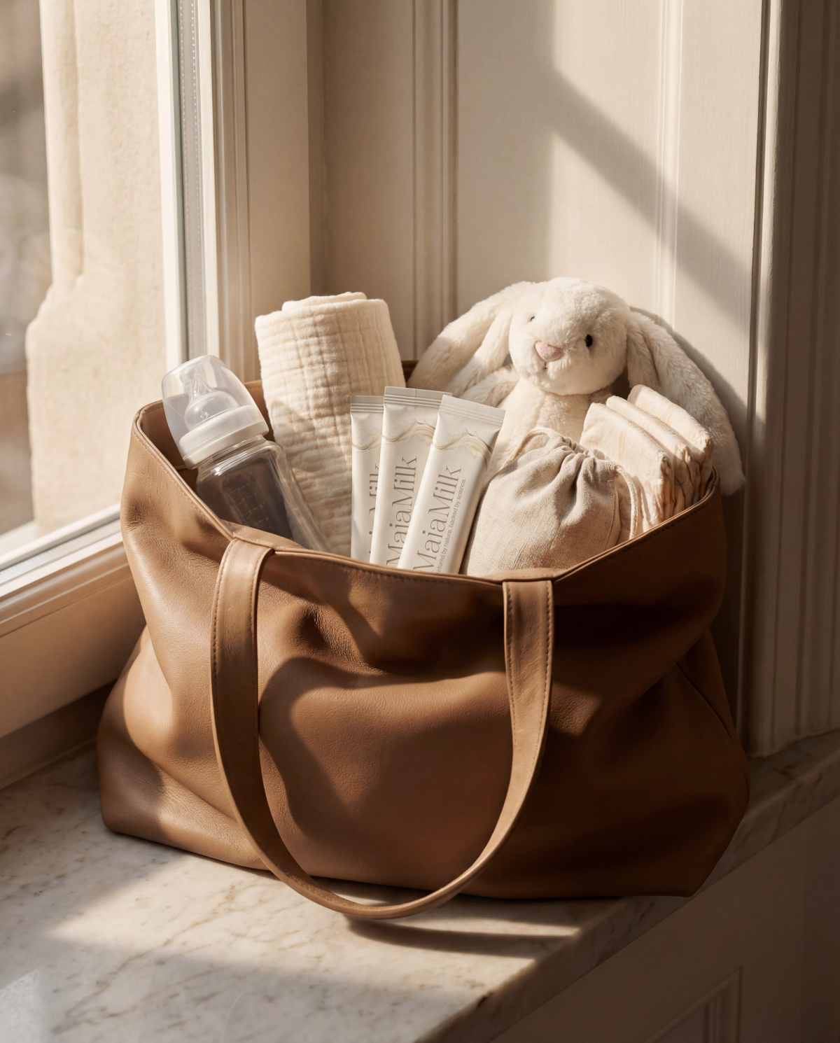 MaiaMilk packaging on a sunlit windowsill in a warm neutral room.