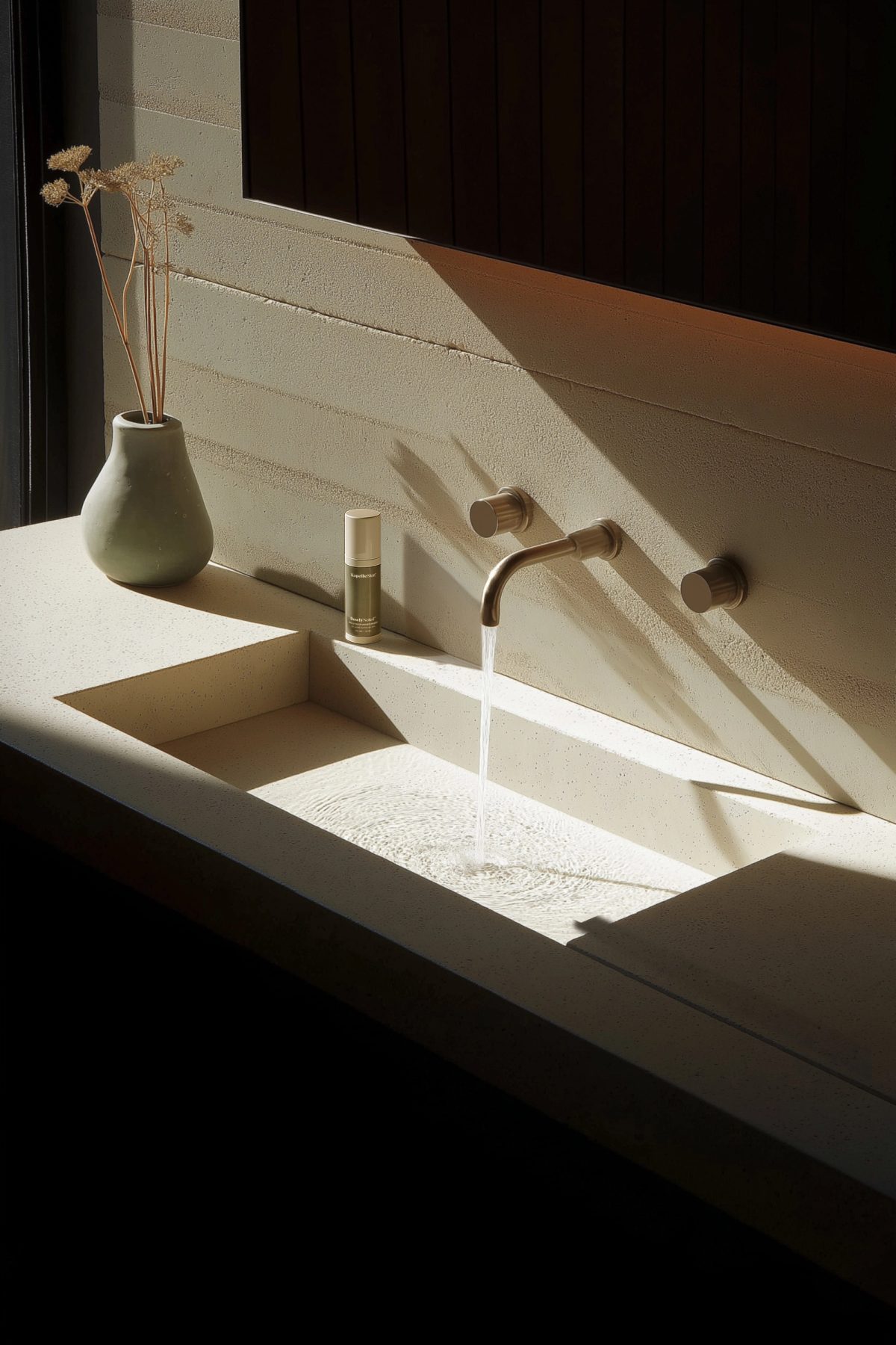 KapelleSkin moisturizer arranged beside a sunlit stone sink.