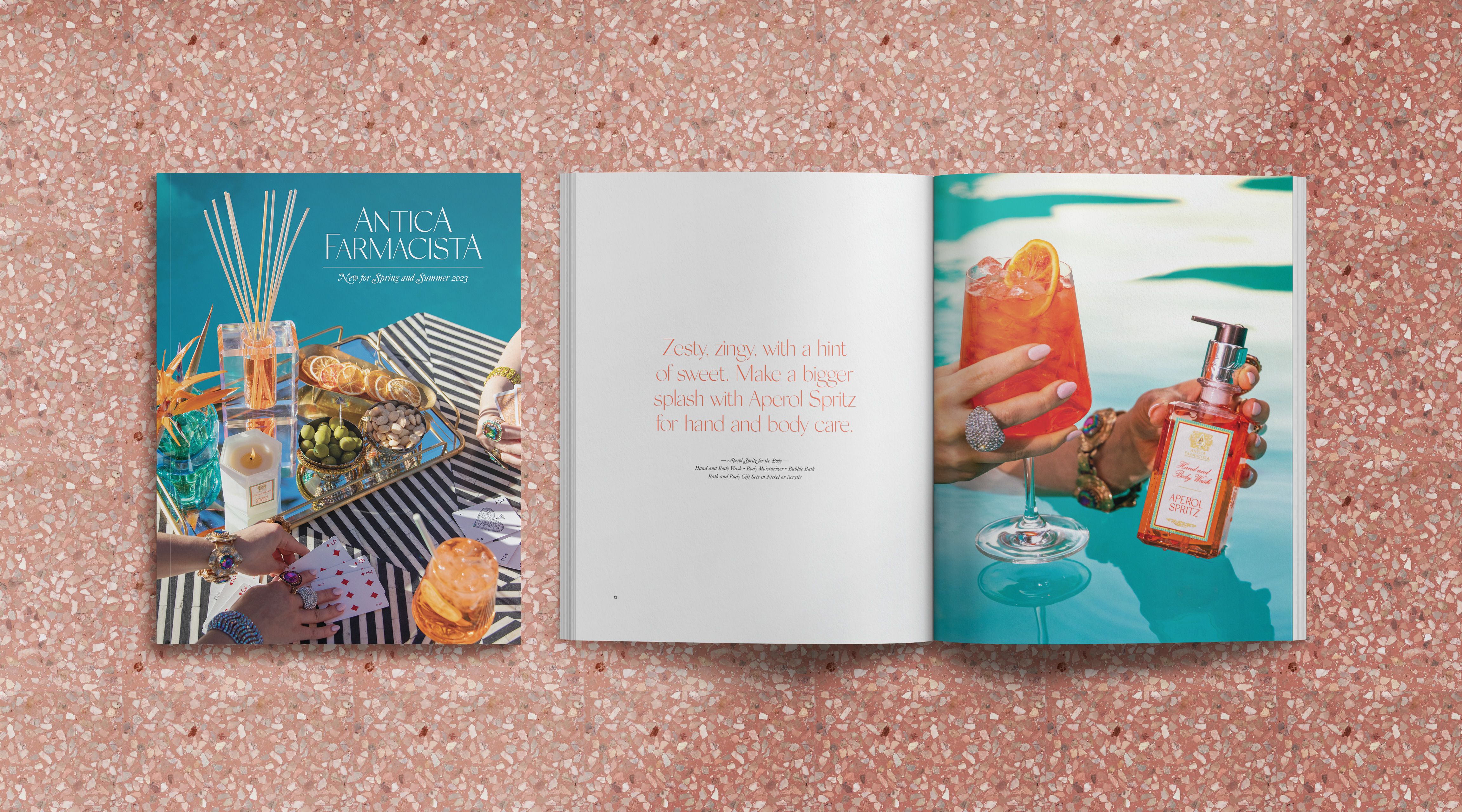 The catalog cover and the campaign's thesis. Aperol Spritz for home and body, zesty and zingy, staged poolside.