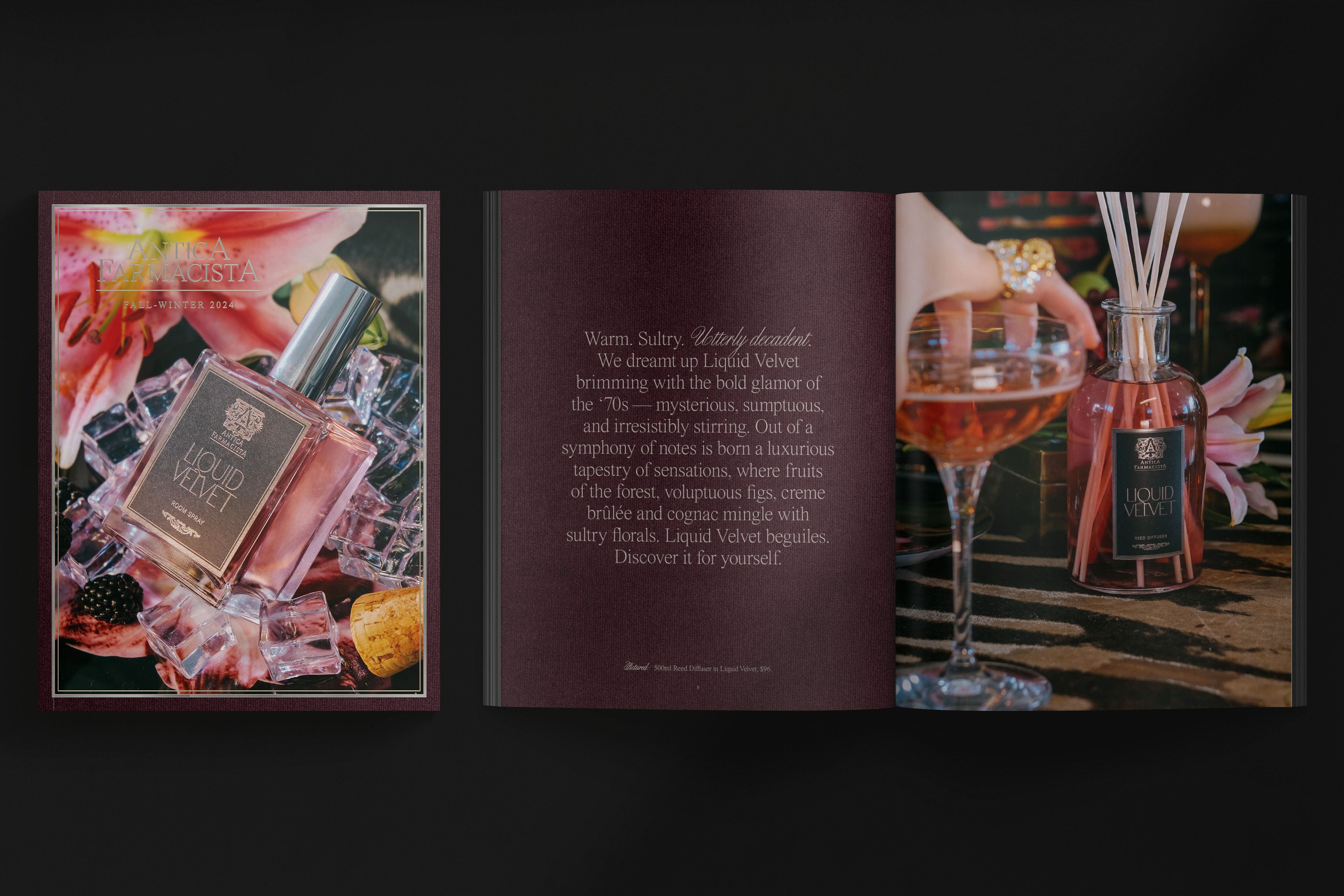 Warm, sultry, utterly decadent. I set the cover in oxblood velvet and shot the bottle on ice and blackberries to key the whole palette.