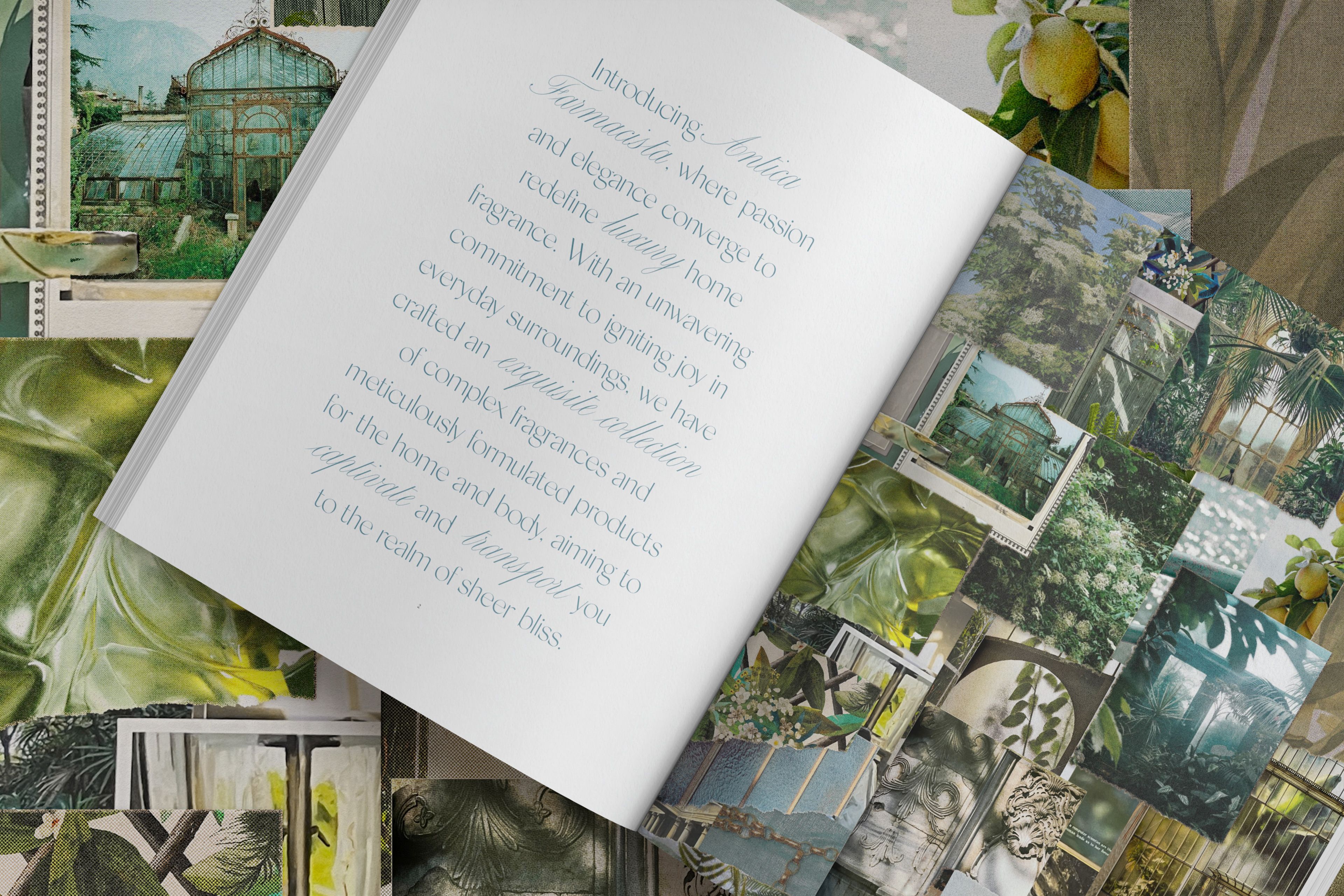 The opening spread, floated on the vintage-scan collage I tore and glued by hand.
