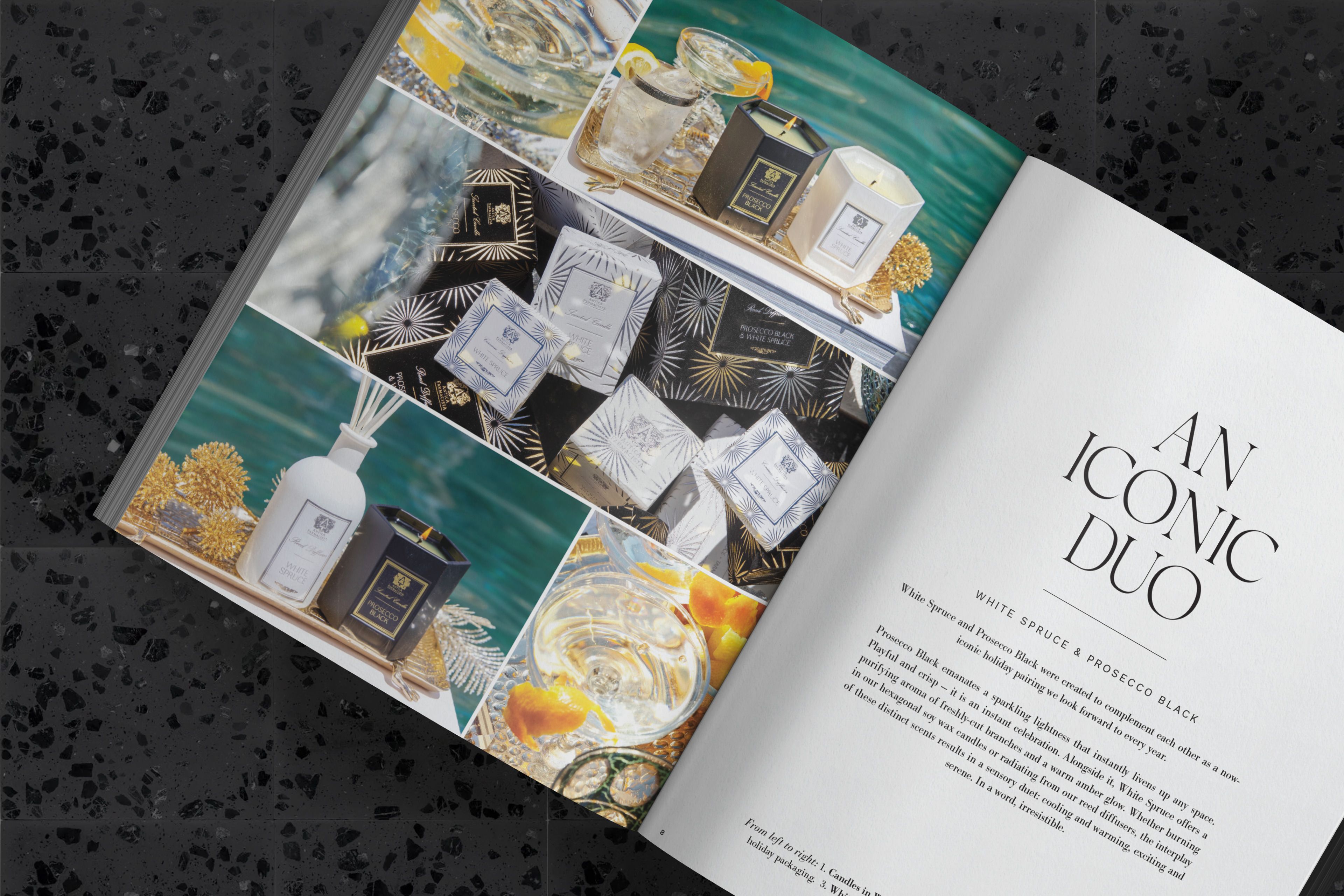 White Spruce and Prosecco Black, relaunched. I built the packaging around a midcentury-inspired starburst and set it against pool blue.